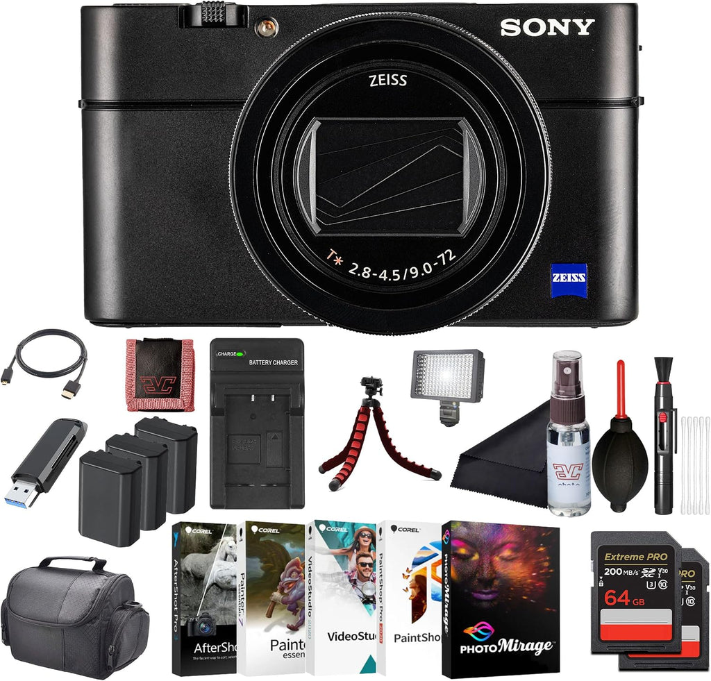 Sony Cyber-Shot RX100 VII Digital Camera (DSC-RX100M7) – 20.1MP 1-Inch Stacked CMOS Sensor | ZEISS 24–200 mm Zoom Lens | 2 x 64GB Card, Case, 3 x NP-BX1 Battery, Card Reader, Photo Software and More