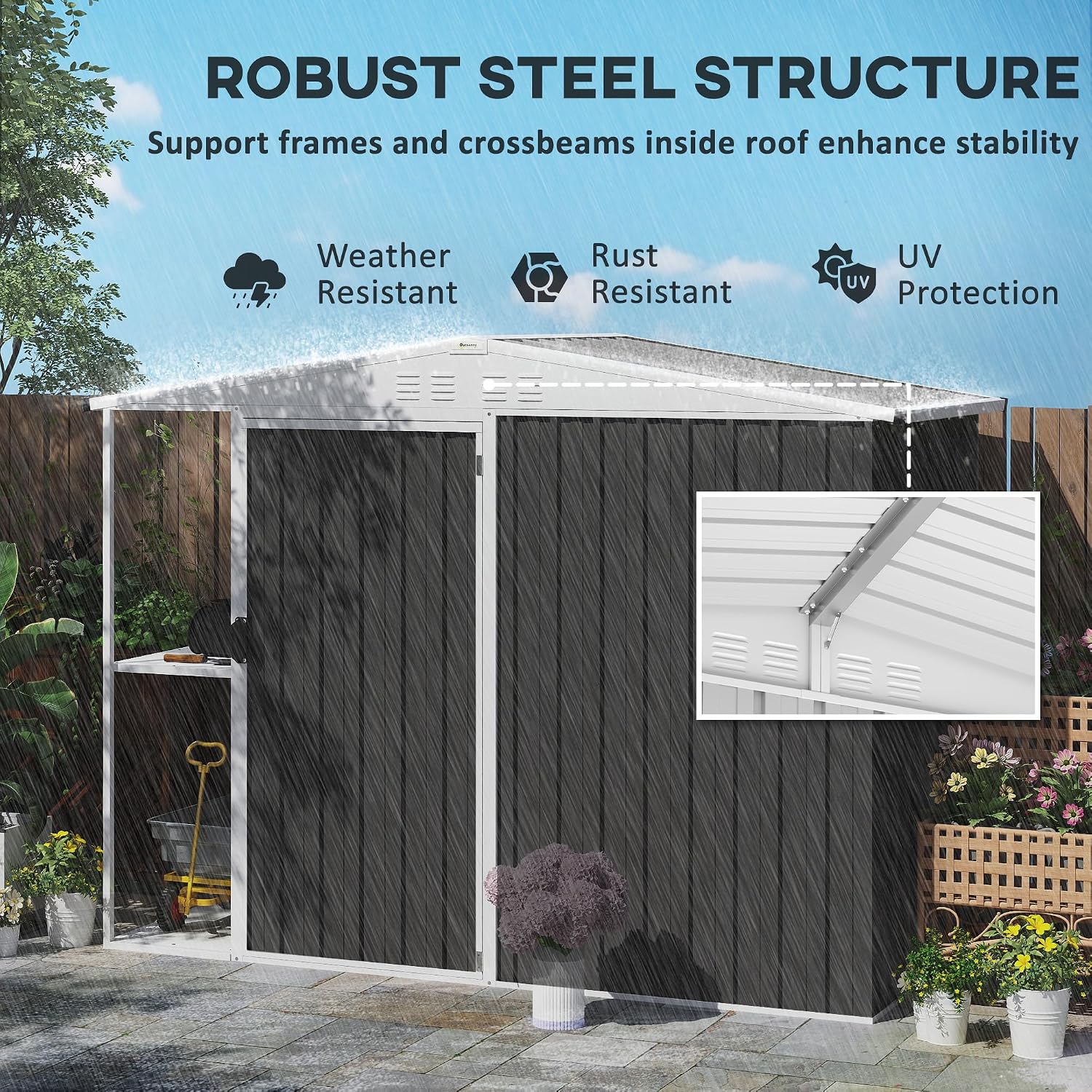 Outsunny 8 x 4ft Outdoor Storage Shed with Lock, 2-Tier Storage Rack, Air Vents, Garden Tool Shed for Backyard, Patio, Lawn, Dark Gray