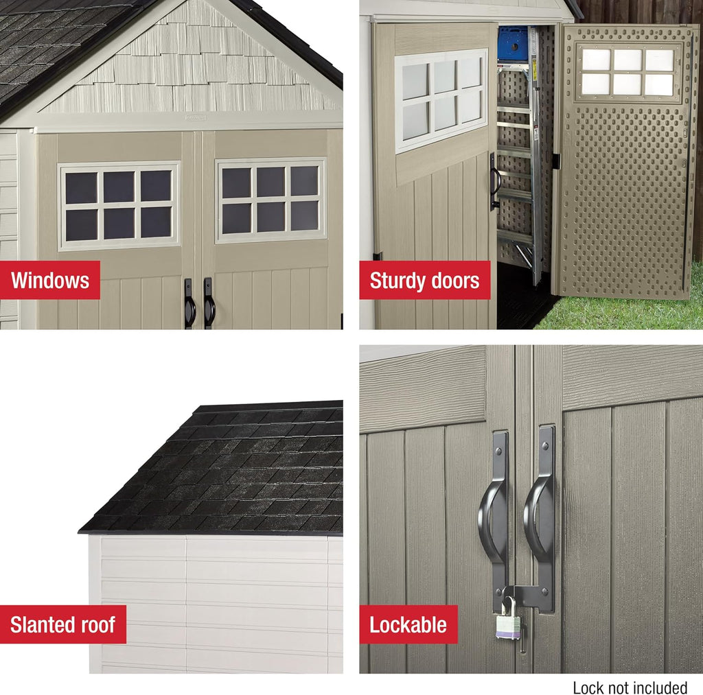 Rubbermaid 7 Foot by 7 Foot Weatherproof Outdoor Storage Shed for Garden Tools and Lawn Machinery Organization with Lockable Double Door Sandstone
