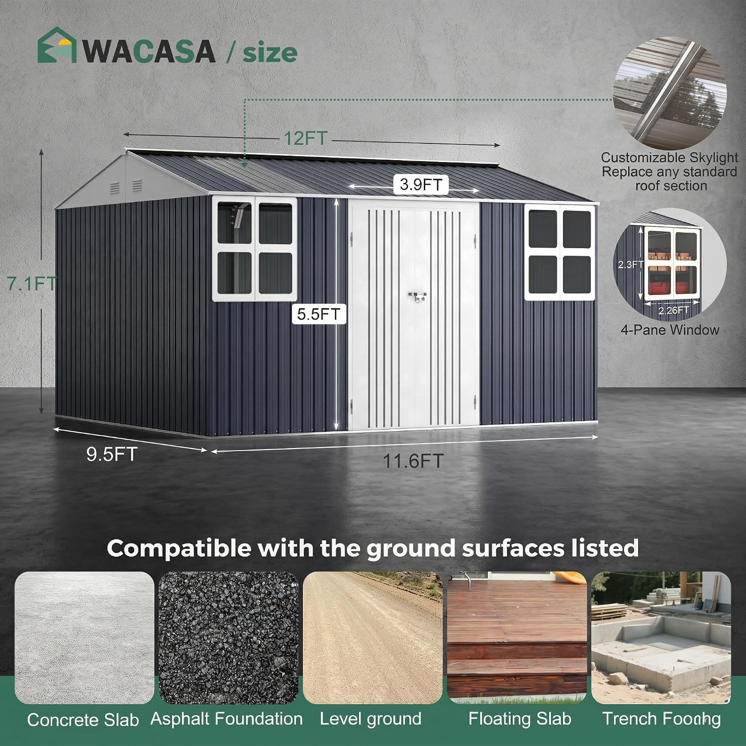 WACASA 12x10 FT Metal Shed Heavy-Duty | Military-Grade 20-Gauge Reinforced Frame with Powder Coating | 50 PSF Snow Load & 120 MPH Wind Rated | Tiny House Skylight Building