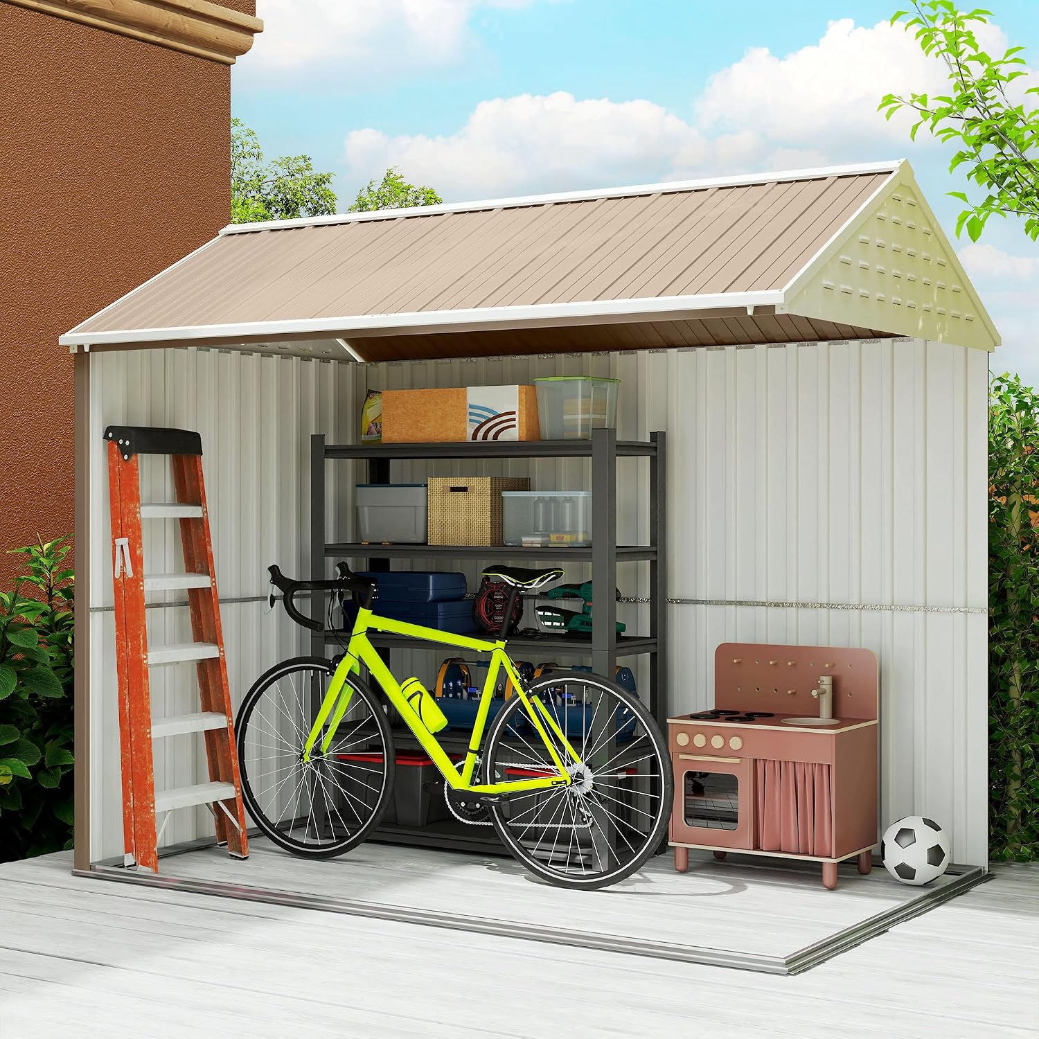 Outsunny 8' x 6' Outdoor Storage Shed, Metal Garden Shed with Window & Double Lockable Door, Outdoor Tool Shed Storage with Sloped Roof for Backyard, Patio, Garage, Lawn, Brown