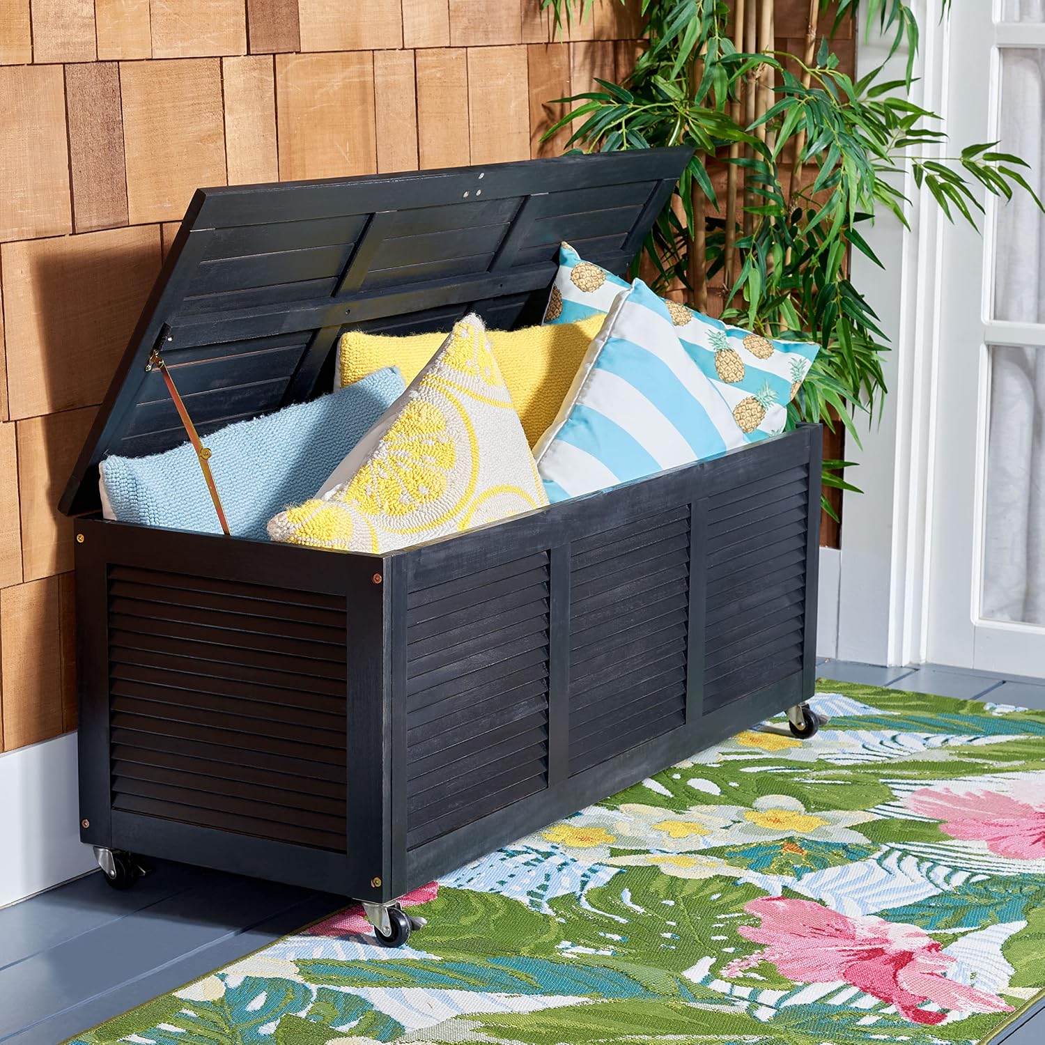 SAFAVIEH Outdoor - Elina Cushion Storage Box - Black Solid Wood - Coastal Resort Storage Bench Design - Ideal for Patio, Deck, Porch, Backyard, 18'W x 47'D x 19'H (PAT7038D)