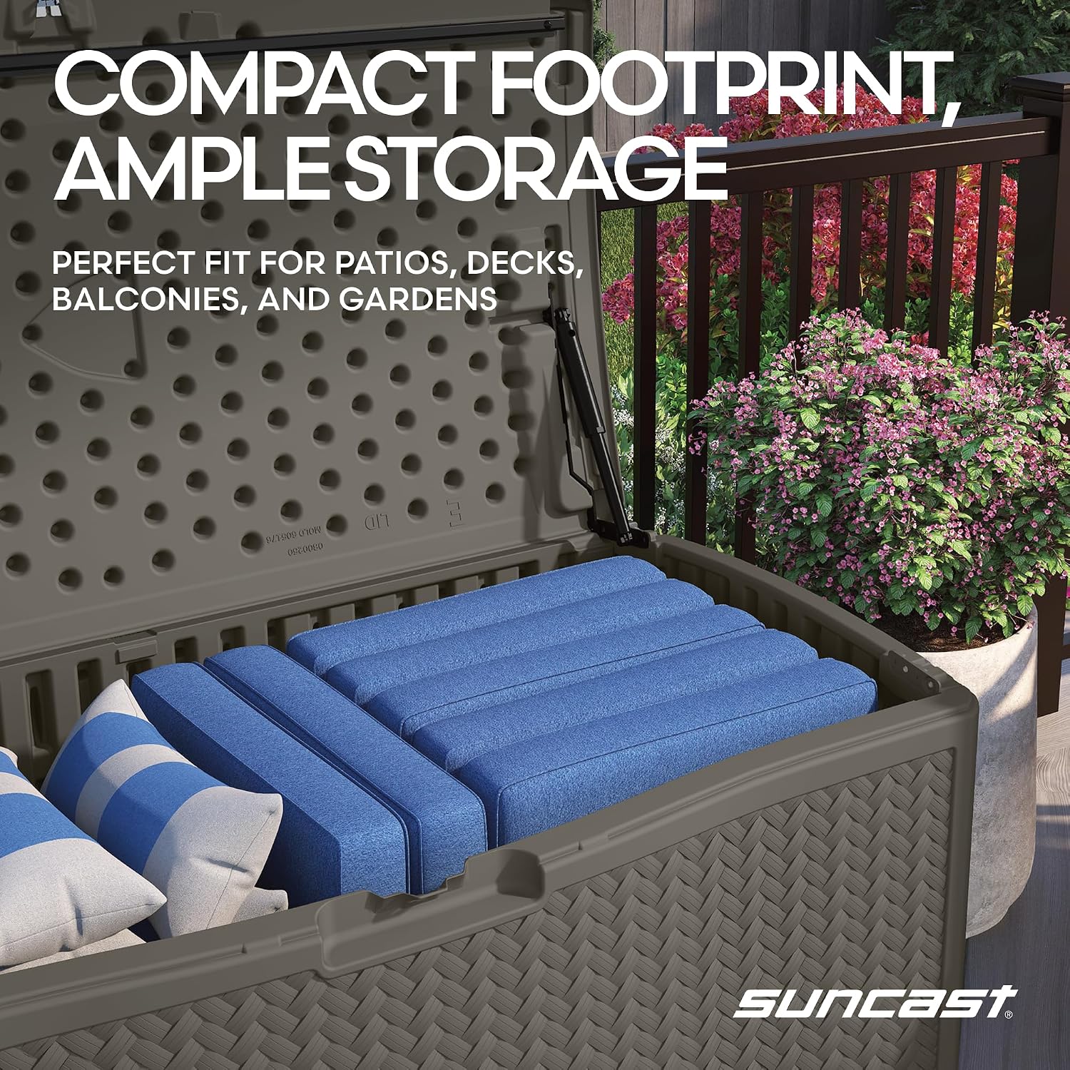 Suncast Extra Large Deck Box - 124 Gallon Resin Outdoor Storage Box with Lockable Lid for Outdoor Cushion Storage, & Garden Gear, Stoney Grey Wicker Bin for Patio, Porch, Pool, & Yard