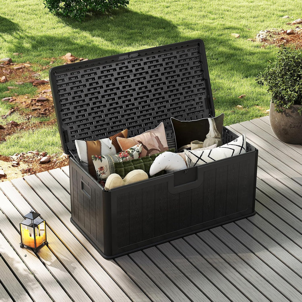 HAPPYGRILL Outdoor Storage Deck Box with Lockable Design & Gas Strut, Handle, 100 Gallon HDPE Patio Storage Organizer for Lawn Backyard Poolside (Black)
