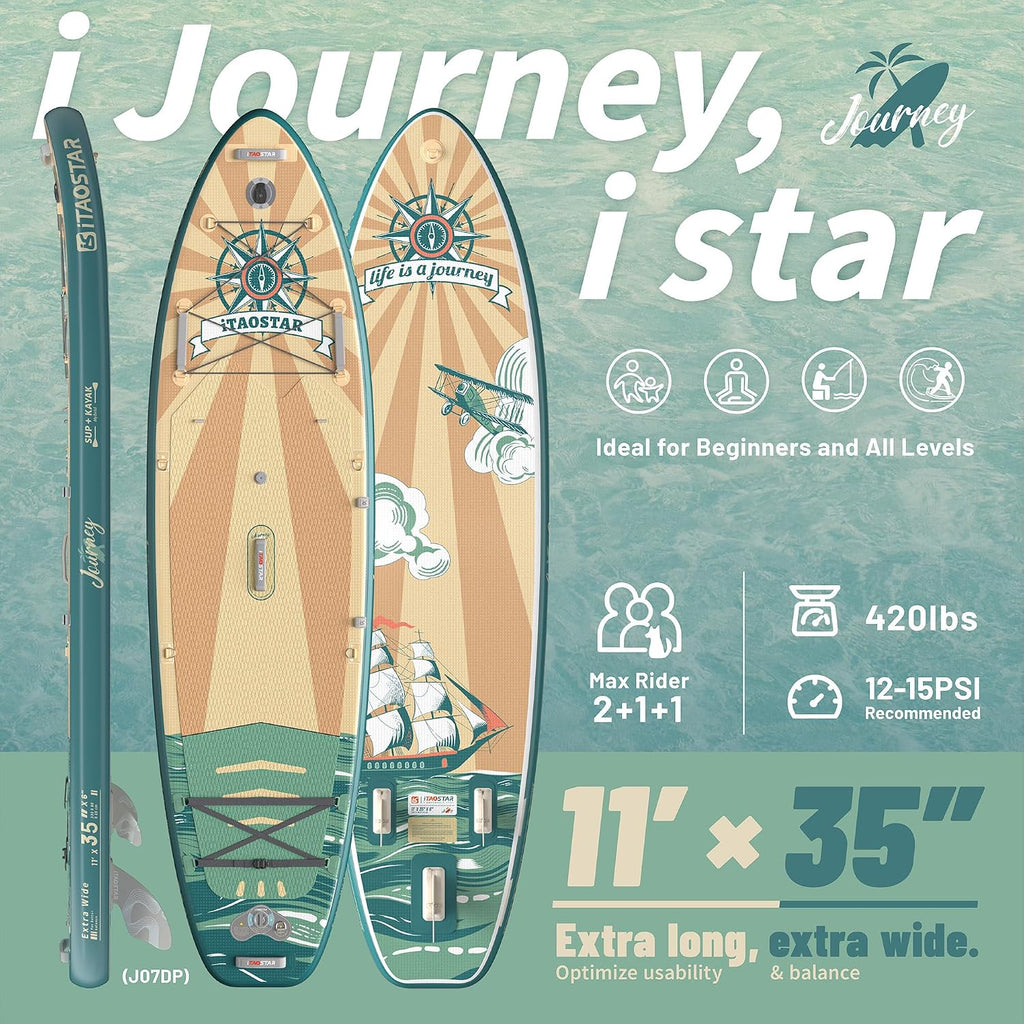 iTAOSTAR Journey 11'6' / 11'×34' / 11'×35' Extra Wide Paddle Board, One-Stop Premium SUP Board Accessories, Tailored Fins, Stable Inflatable Stand Up Paddle Boards for Youth/Adults of All Skill Levels