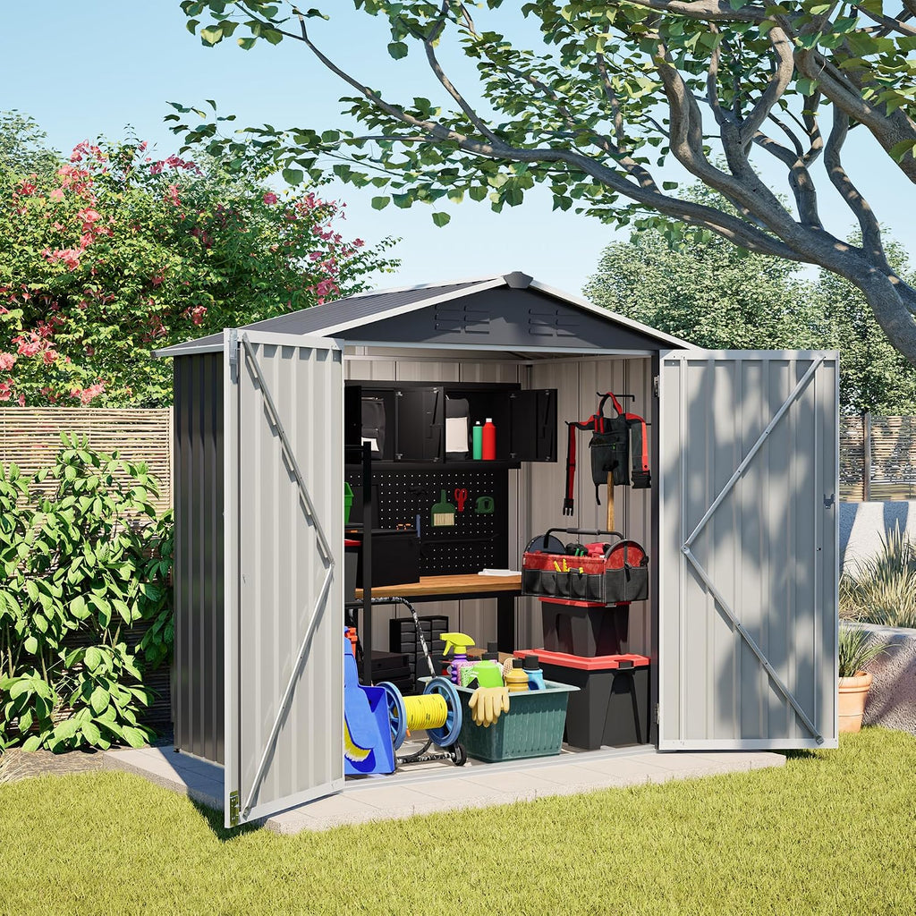 4×6 Ft Metal Outdoor Storage Shed with Floor Base, 0.25mm Galvanized Steel Metal Garden Shed Waterproof with Lockable Door for Backyard, Patio, Garden, Dark Grey