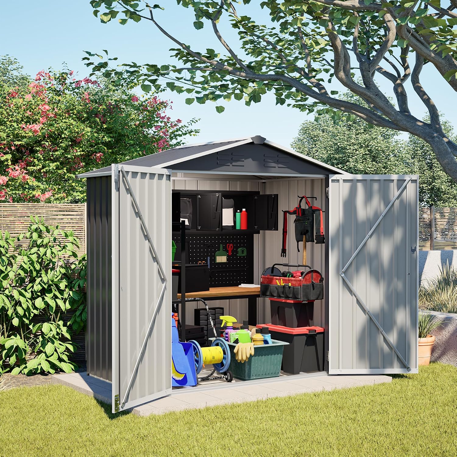 4×6 Ft Metal Outdoor Storage Shed with Floor Base, 0.25mm Galvanized Steel Metal Garden Shed Waterproof with Lockable Door for Backyard, Patio, Garden, Dark Grey
