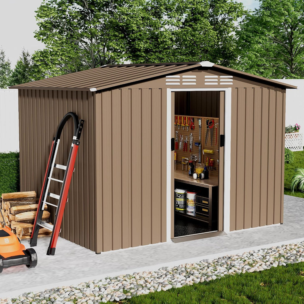 8x6FT Outdoor Storage Shed with Floor,Lockable Sliding Doors Outdoor Waterproof Tool Storage Sheds,Metal Storage Shed for Garden, Patio, Backyard(Brown)