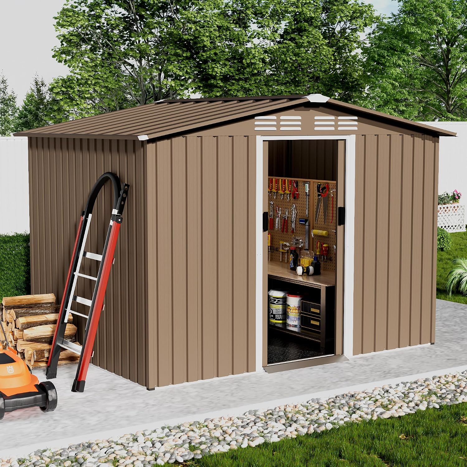 8x6FT Outdoor Storage Shed with Floor,Lockable Sliding Doors Outdoor Waterproof Tool Storage Sheds,Metal Storage Shed for Garden, Patio, Backyard(Brown)
