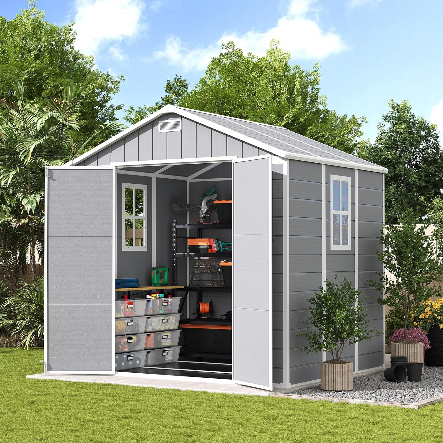 UDPATIO Resin Storage Shed 8 x 6 FT, Outdoor Garden Sheds with Floor Plastic Patio Outdoor Storage Shed with Lockable Door, Gray White