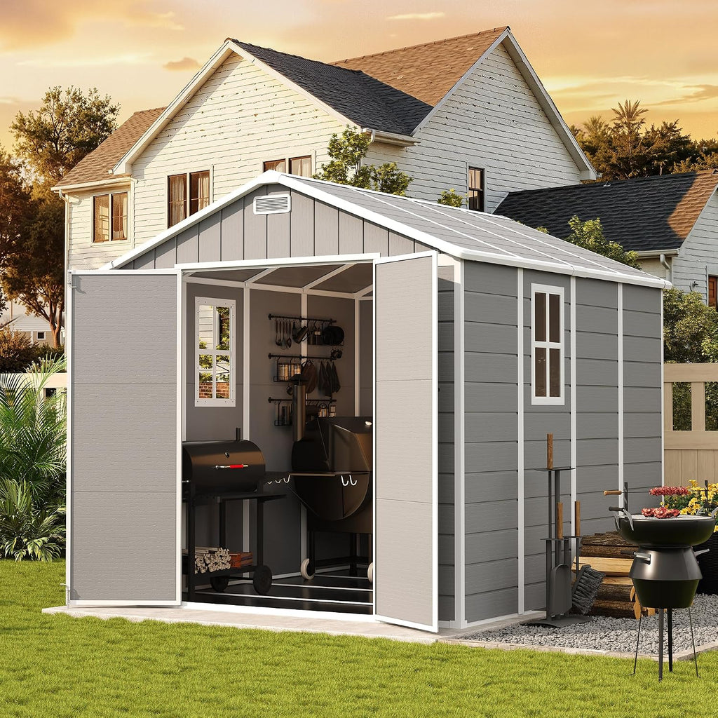 UDPATIO Storage Shed 8 x 8 FT, Resin Outdoor Outside Shed Clearance Sheds with Floor Included Plastic Solitude Cottage Shed She Sheds Buildings Garden Tool Shed with Lockable Door Garbage Gray White