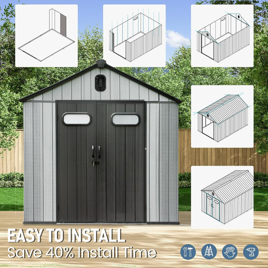 Domi 8x16 FT Outdoor Resin Storage Shed, All-Weather Double-Wall Storage Building with Lockable Doors and Ventilated Roof, Ideal for Lawn Tools, Bikes, Mowers, and Pool Equipment, Grey
