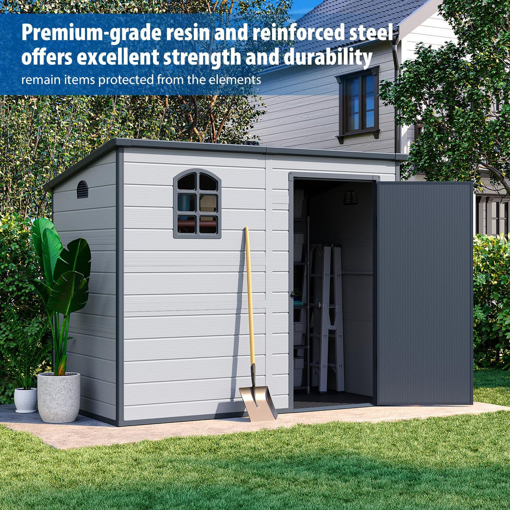 Storage shed 8.1x4.7 ft, Lean to Resin Shed, Storage Sheds Outdoor with Floor, Outdoor Sheds Garden Tools Bike Shed, Garden Sheds & Outdoor Storage Sloping Roof, Lockable Door, Window for Lawn, Patio