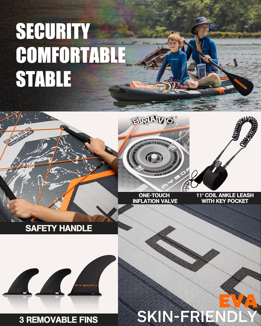 MYBOAT 11'6'×34'×6' Extra Wide Inflatable Paddle Board, Stand Up Paddle Board for Fishing, Sup Board with 3 Removable Fins, Dual Bungees, Camera Mount, Hand Pump, Strong Paddle,Leash