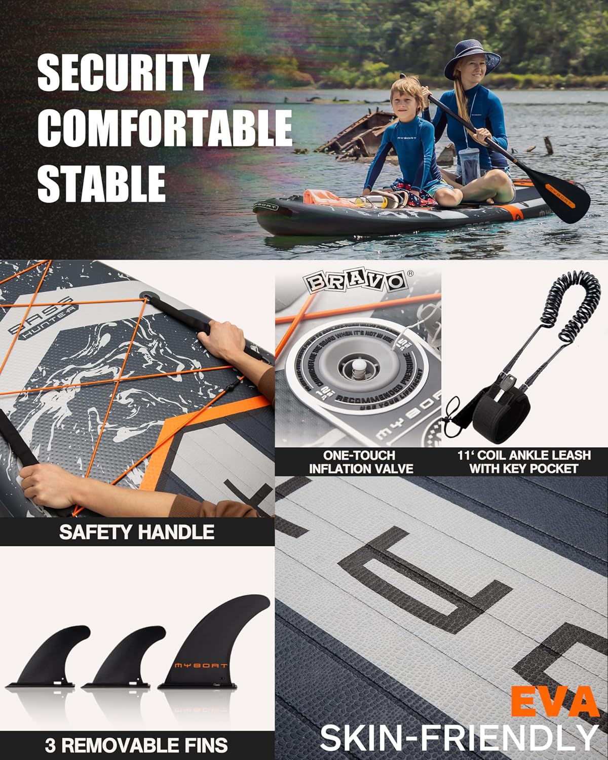 MYBOAT 11'6'×34'×6' Extra Wide Inflatable Paddle Board, Stand Up Paddle Board for Fishing, Sup Board with 3 Removable Fins, Dual Bungees, Camera Mount, Hand Pump, Strong Paddle,Leash