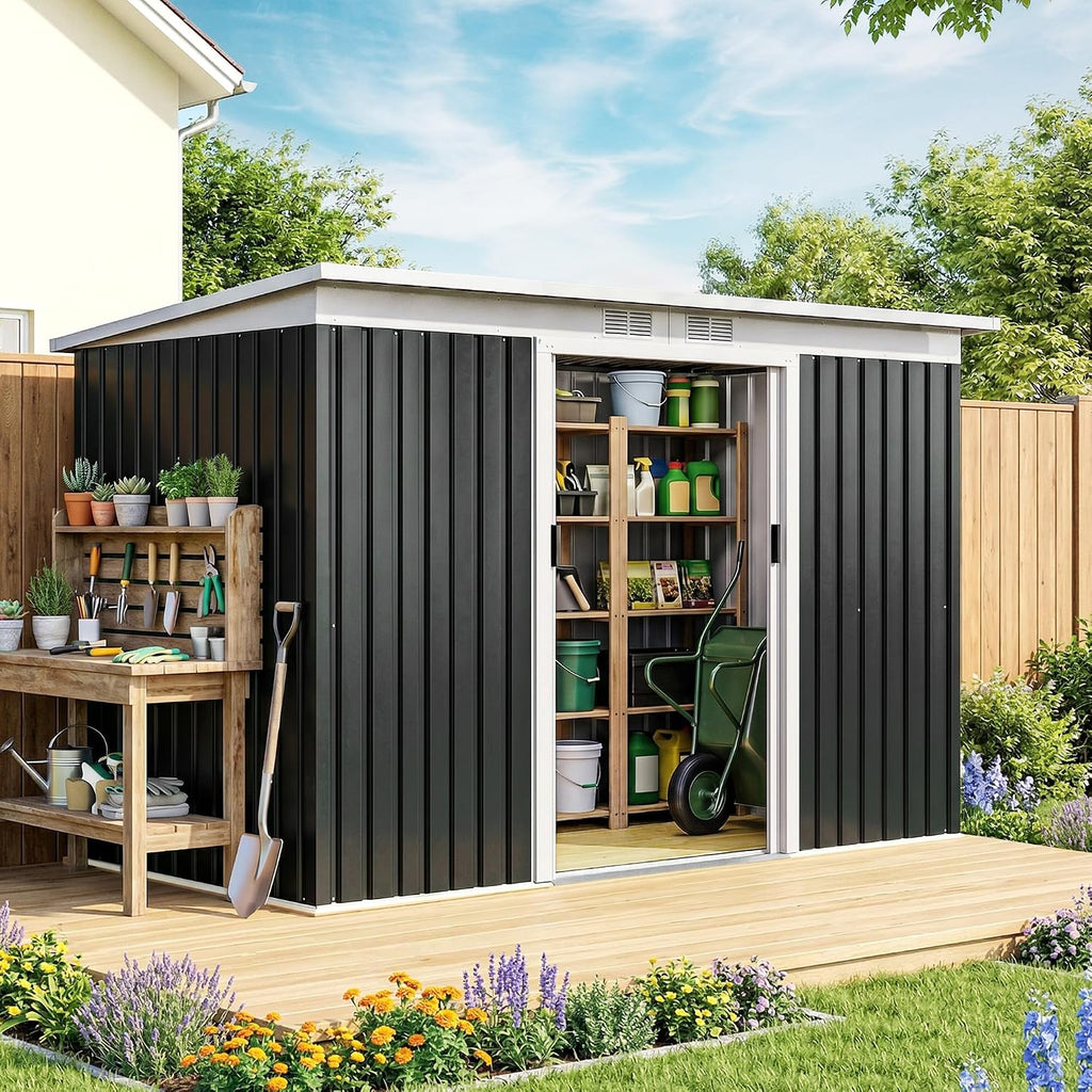 Outsunny 9' x 4' Outdoor Storage Shed, Metal Garden Tool House with Sloping Roof and Lockable Door for Backyard, Bike, Patio, Garage, Lawn, Gray