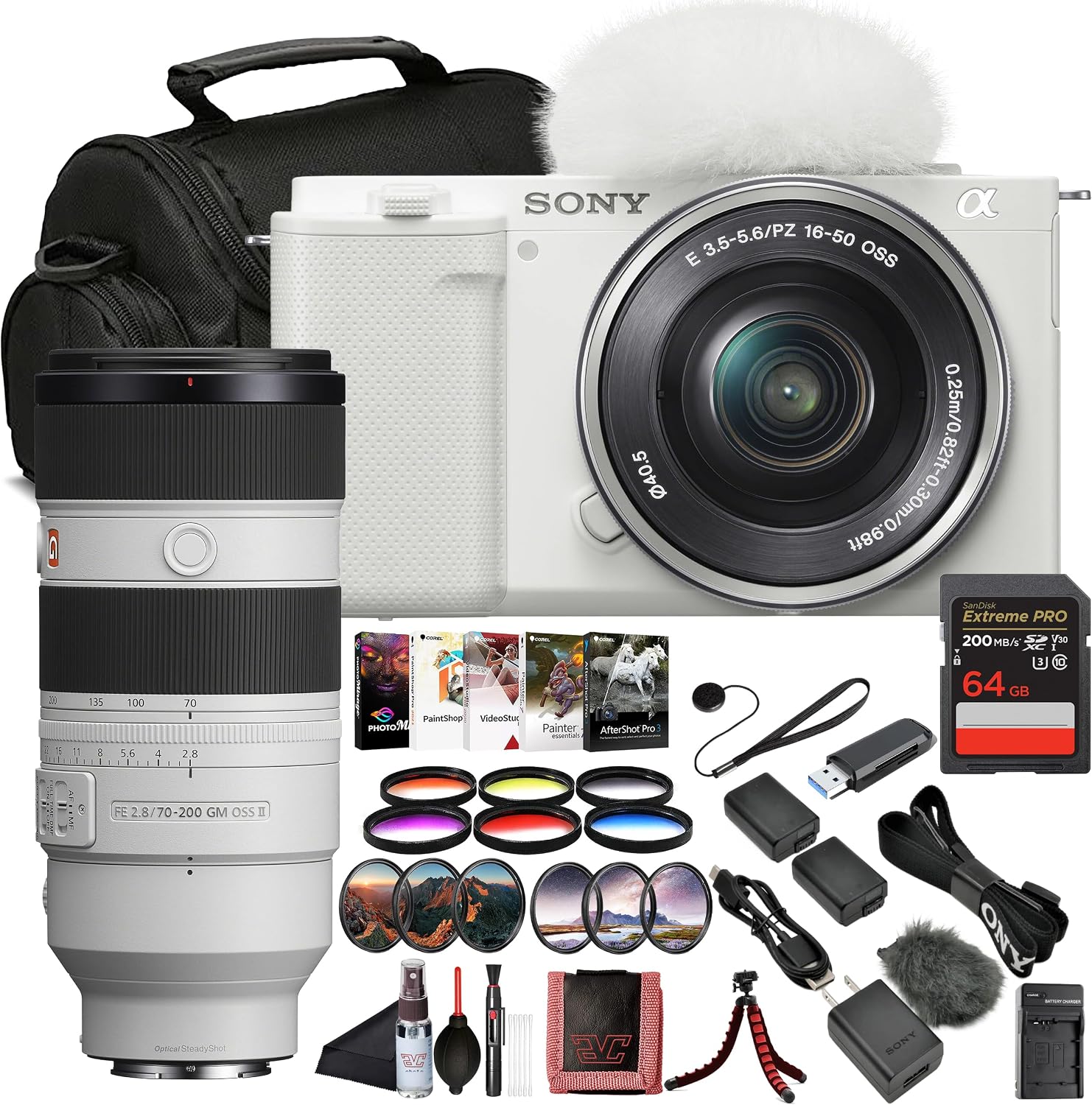 Sony ZV-E10 Vlogging Mirrorless Camera (White) with E PZ 16–50mm Lens (ILCZV-E10L/W) | 24.2 MP APS-C Sensor | 4K Video with FE 70-200mm Lens, 64GB Memory Card, Color Filter Kit and More