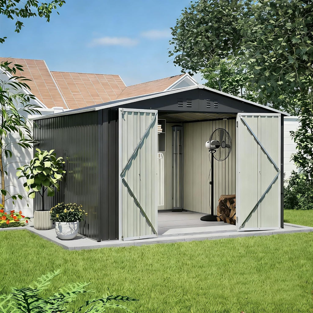 YOPTO 10x10 FT Outdoor Storage Shed,Large Metal Tool Sheds with Updated Frame Structure and Lockable Doors, Garden Shed for Backyard Patio Lawn, Black