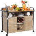 YITAHOME XL Outdoor Kitchen Wicker Island Rolling Cart Bar Table & Storage Cabinet, Wheels and Plastic Wood Extended Table Top, Double Handle for Patio Kitchen or Bar Cart,Light Yellow Gradient