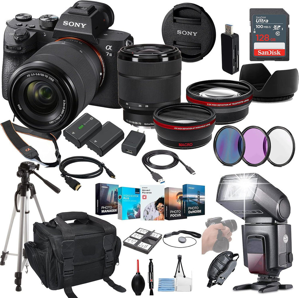 Sony a7 III Mirrorless Camera with 28-70mm Lens Bundle - ILCE7M3K/B + Prime Accessory Package Including 128GB Memory, TTL Flash, Replacement Battery, Editing Software Package, Auxiliary Lenses & More