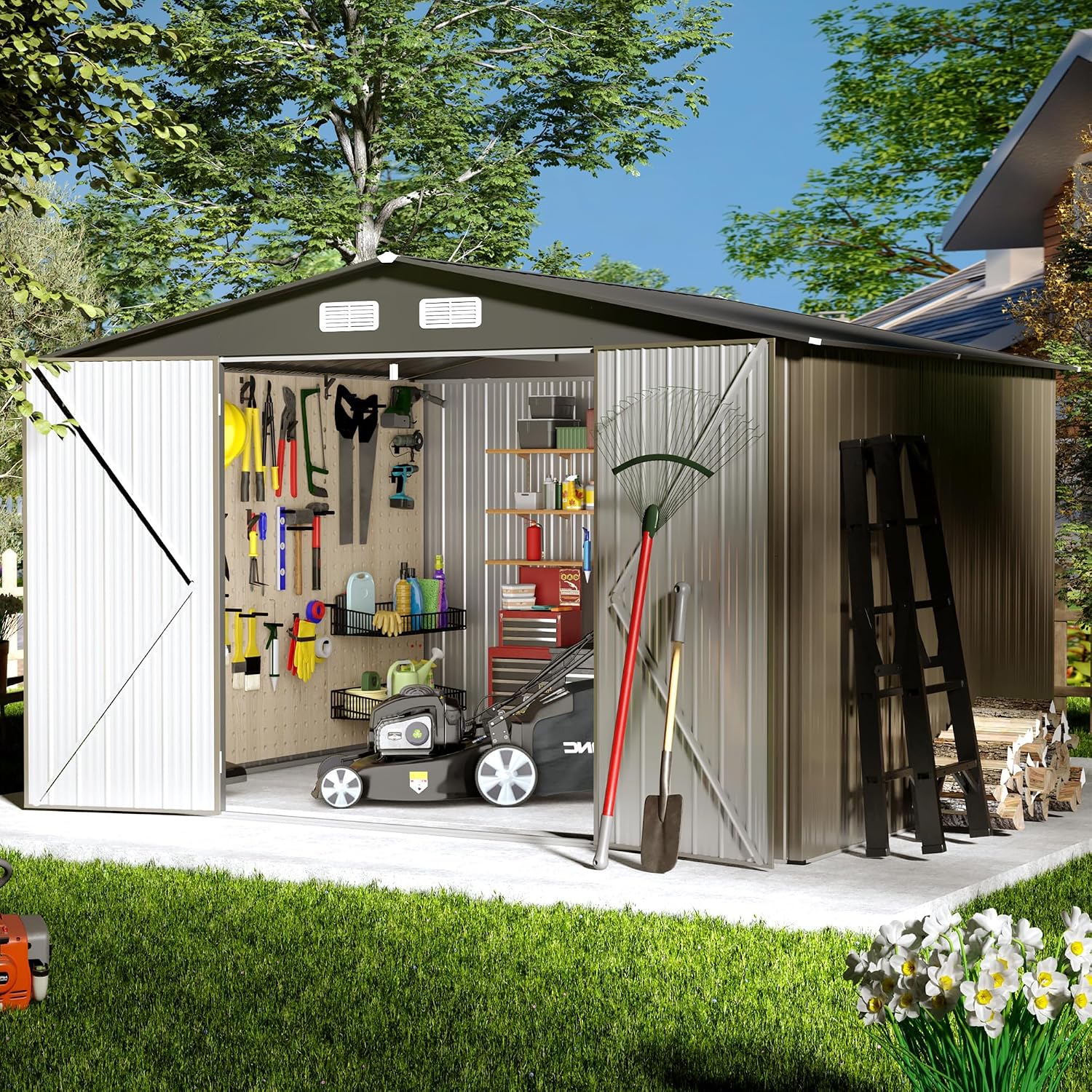 8' x10' Outdoor Metal Storage Shed, Outdoor Metal Shed, All-Weather Resistant Steel Garden Shed with Double Lockable Door, Waterproof Garden Tool Storage Shed for Patio, Backyard, Lawn