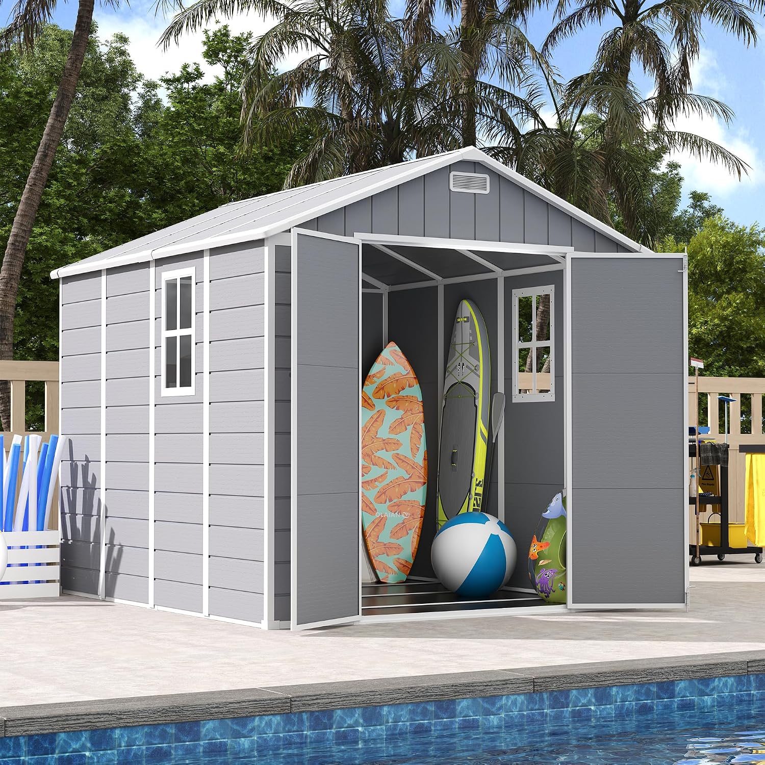 UDPATIO Storage Shed 8 x 8 FT, Resin Outdoor Outside Shed Clearance Sheds with Floor Included Plastic Solitude Cottage Shed She Sheds Buildings Garden Tool Shed with Lockable Door Garbage Gray White