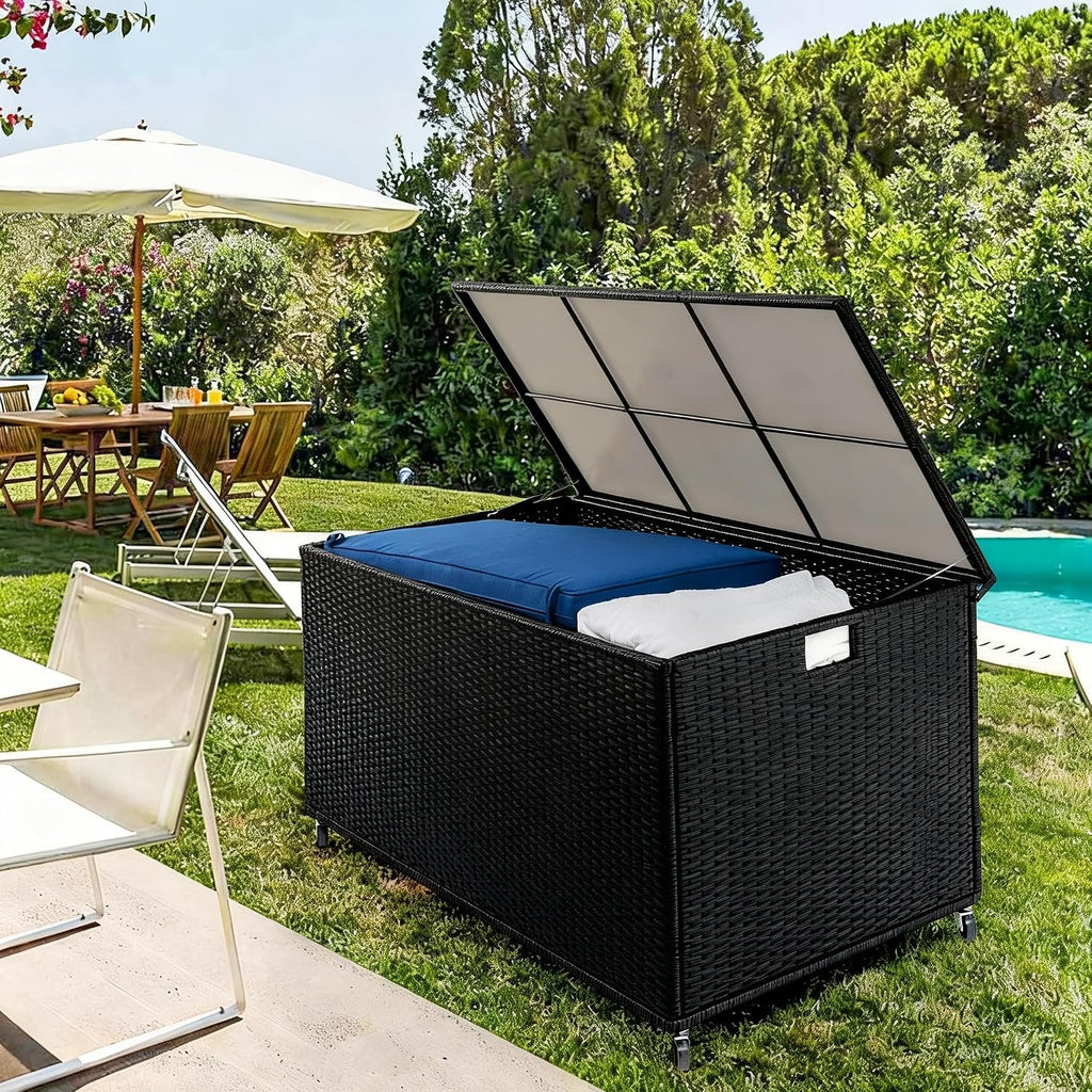 Outdoor 170 Gallon Water-Resistant Wicker Storage Box with Wheels, PE Rattan Deck Box with Waterproof Liner for Outside, Patio Storage Container with Hinged Lid, Horizontal Bin, Black