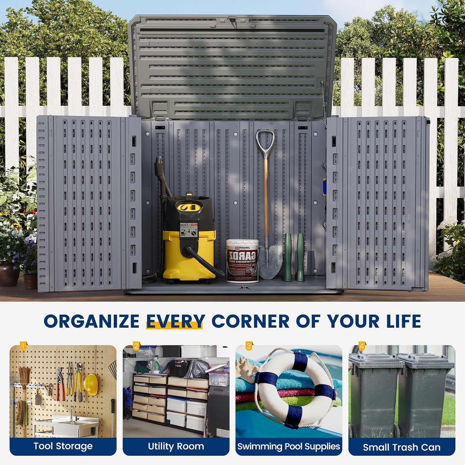 UDPATl0 34 Cu.Ft Horizontal Outdoor Storage Shed, Resin Outdoor Cabinet Waterproof & Lockable for Generator, Garbage Can Garden Tools