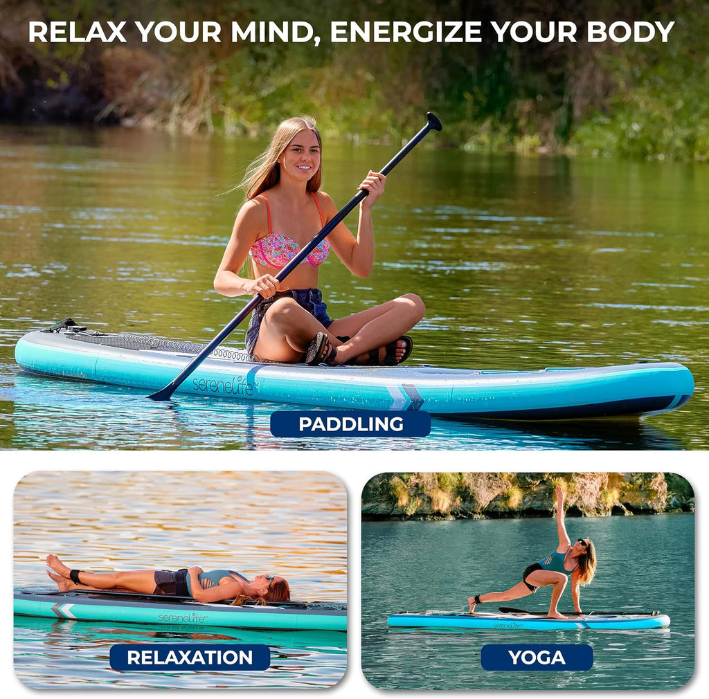 SereneLife 10'6' Inflatable Stand-Up Paddle Board with Window - 32' Wide Stable Design with Non-Slip EVA Deck Pad, Premium SUP Accessories and GoPro Mount, for Youth and Adults, 350 lbs. Capacity