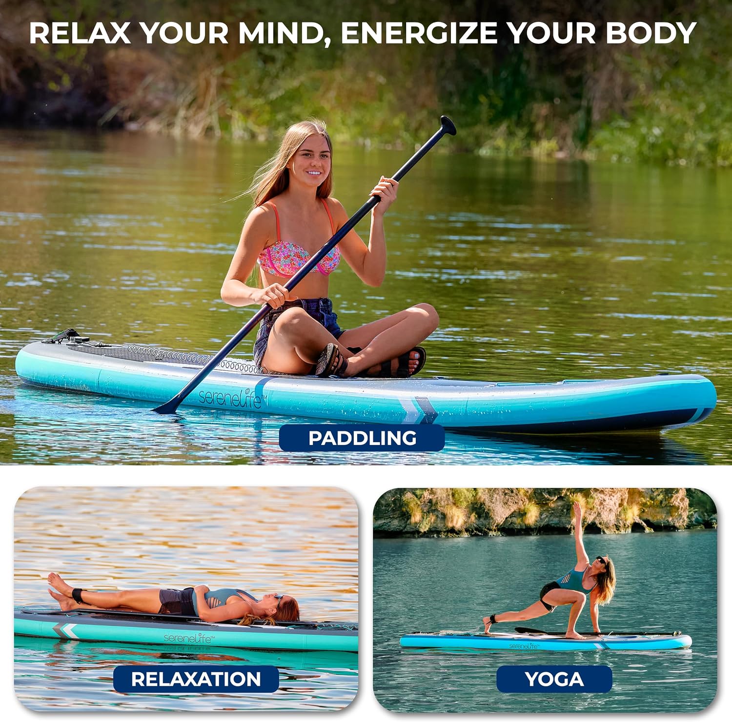 SereneLife 10'6' Inflatable Stand-Up Paddle Board with Window - 32' Wide Stable Design with Non-Slip EVA Deck Pad, Premium SUP Accessories and GoPro Mount, for Youth and Adults, 350 lbs. Capacity