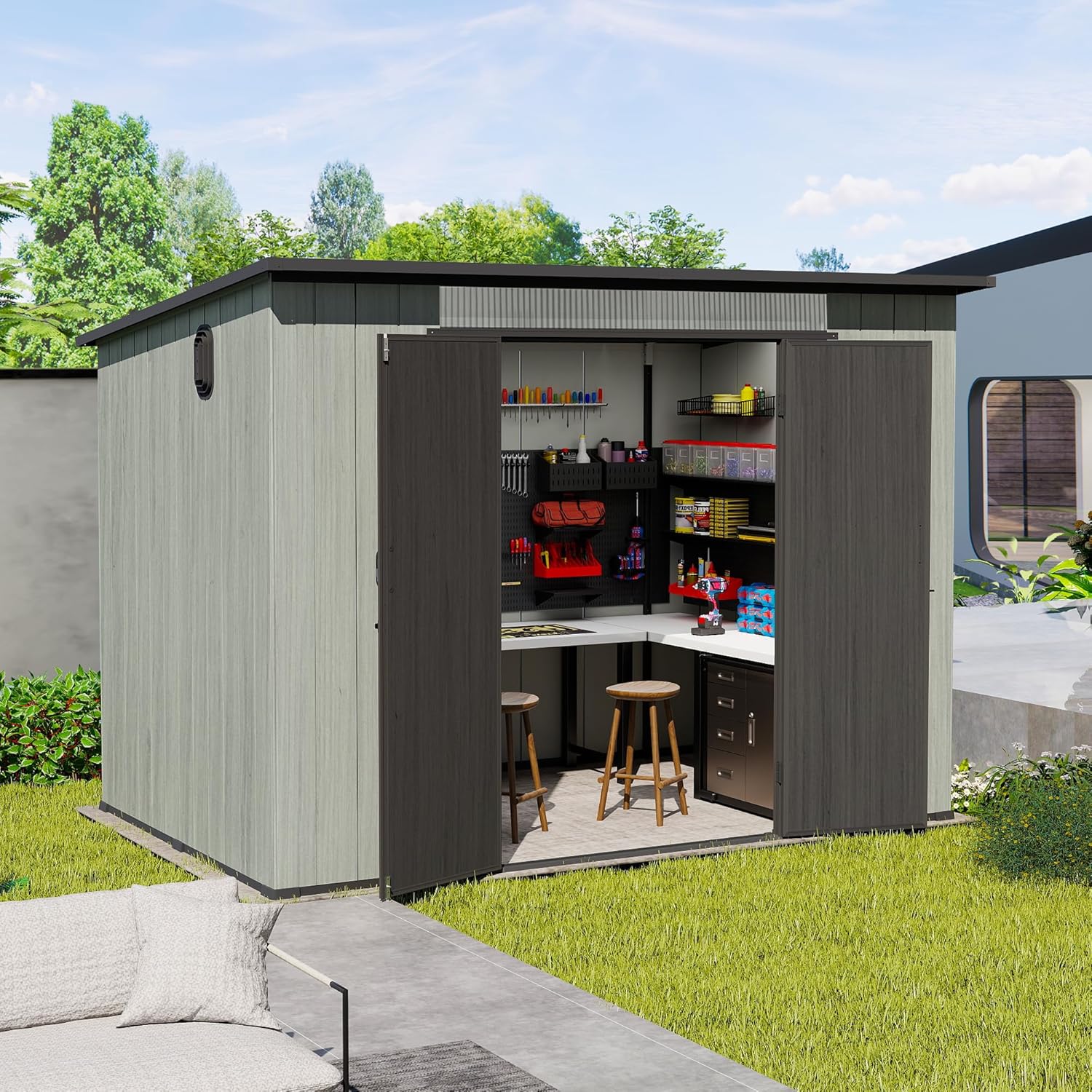 Domi 6x9FT Outdoor Resin Storage Shed with Transparent Windows & Louvered Vents, Plastic Tool Shed with Double Lockable Doors & Sloping Roof, Outside Garden Shed for Backyard, Patio, Lawn, Grey