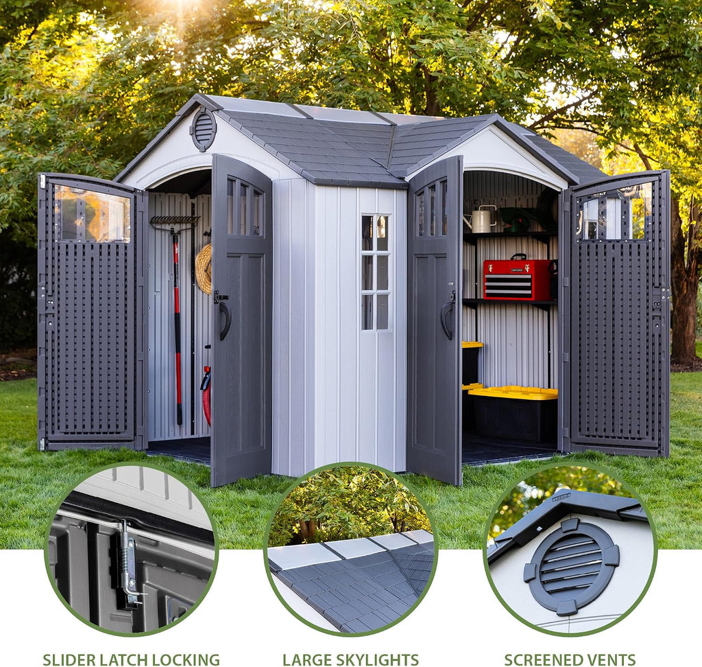 Lifetime Dual Entry Outdoor Storage Shed, 10x8 Ft, Gray, Resin Tool Shed with Double Doors