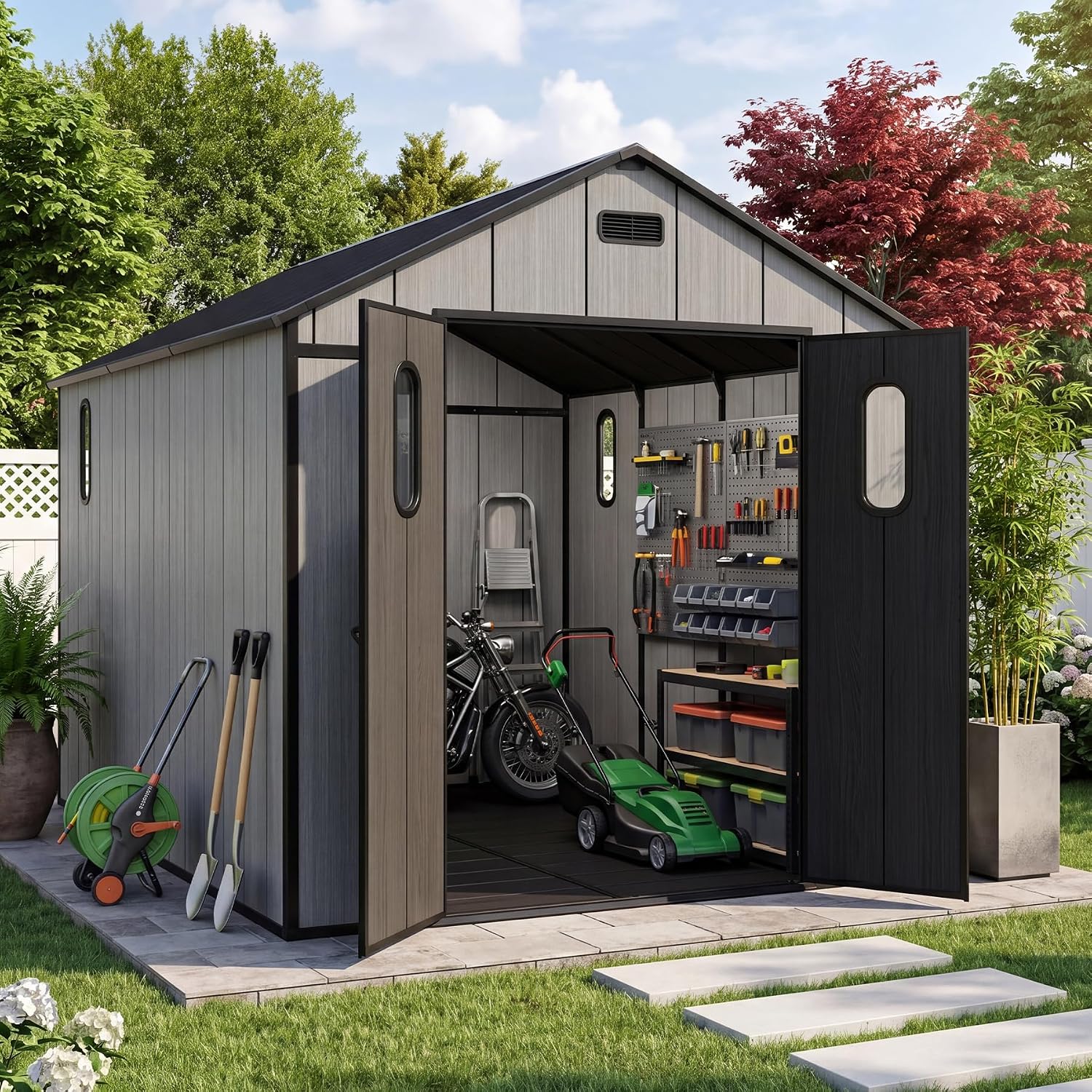 Domi 8x14Ft Resin Outdoor Storage Shed with Floor, Plastic Garden Storage Shed, Outside Weatherproof Storage Building for Tools, Bike, Lawn Mower, Patio, Backyard