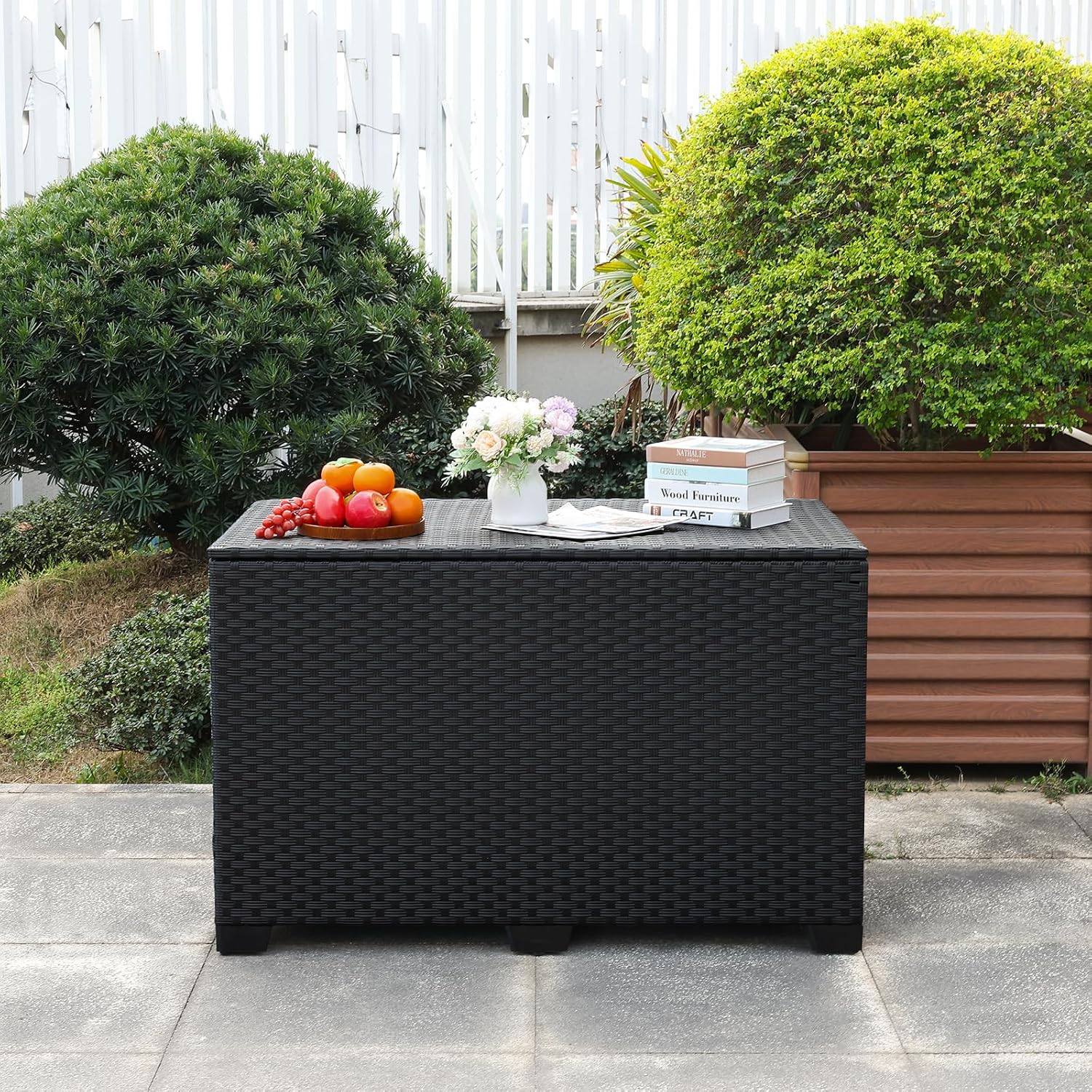 Rattaner Wicker Outdoor Storage Box 140 Gallon Patio Storage Bin with Waterproof Lining Bag Large Deck Box and Cushion Storage Bin Outdoor, Black Wicker