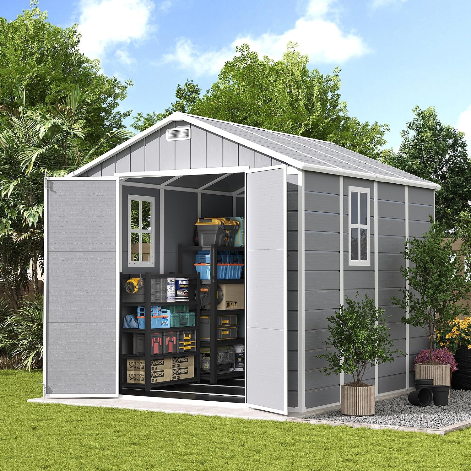 UDPATIO Storage Shed 8 x 8 FT, Resin Outdoor Outside Shed Clearance Sheds with Floor Included Plastic Solitude Cottage Shed She Sheds Buildings Garden Tool Shed with Lockable Door Garbage Gray White