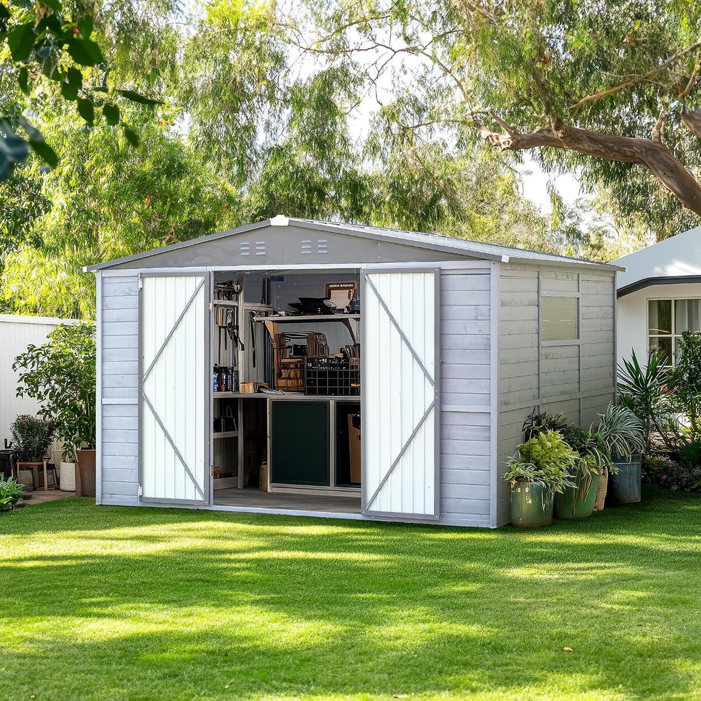 10x8 FT Wood Storage Shed, Outdoor Storage Shed with Lockable Door, Window and Vents, Waterproof Wooden Metal Tool Storage for Garden, Patio, Lawn, Backyard (Gray)