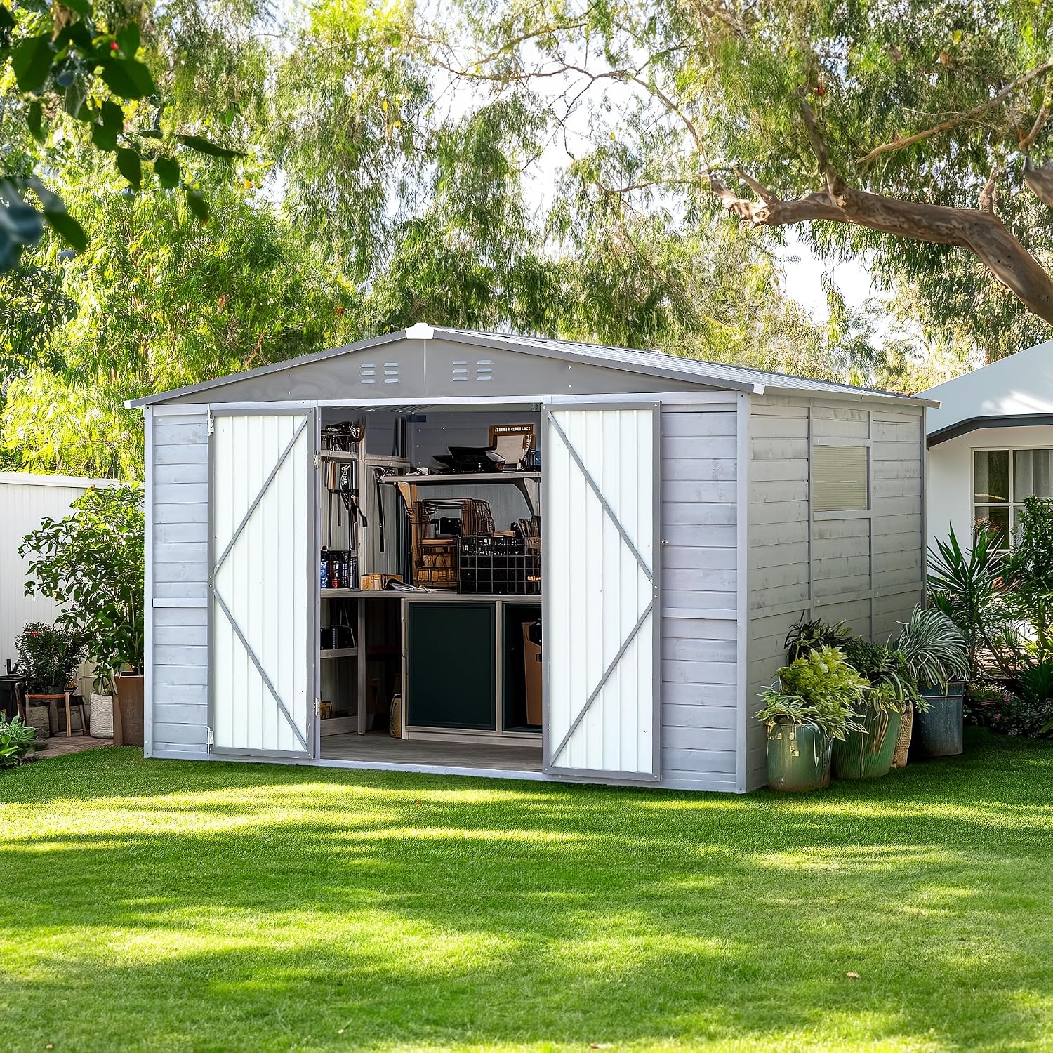 10x8 FT Wood Storage Shed, Outdoor Storage Shed with Lockable Door, Window and Vents, Waterproof Wooden Metal Tool Storage for Garden, Patio, Lawn, Backyard (Gray)