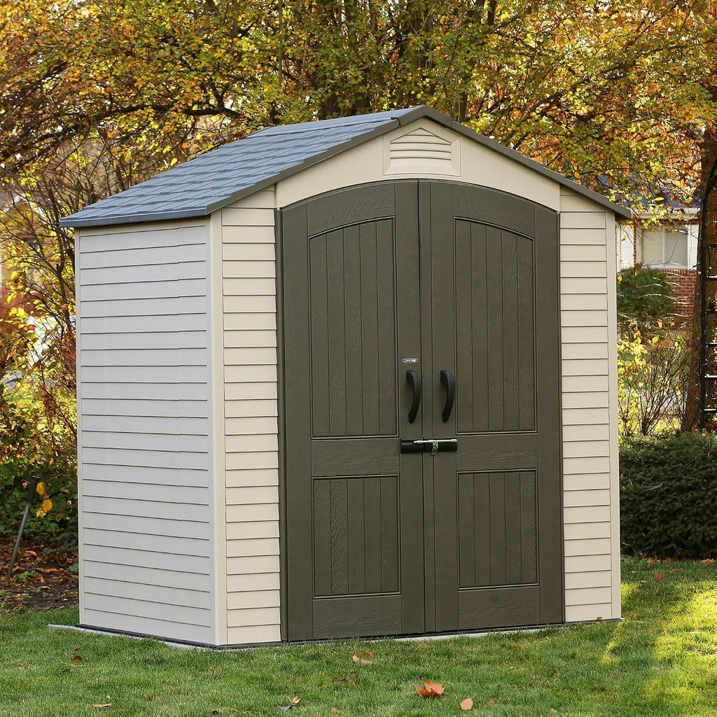 Lifetime 7x4.5 Ft Outdoor Storage Shed, Double Wall Construction, Steel-Reinforced Doors, UV Protected HDPE, Adjustable Shelving, Ridge Skylight, 165 Cu Ft Capacity