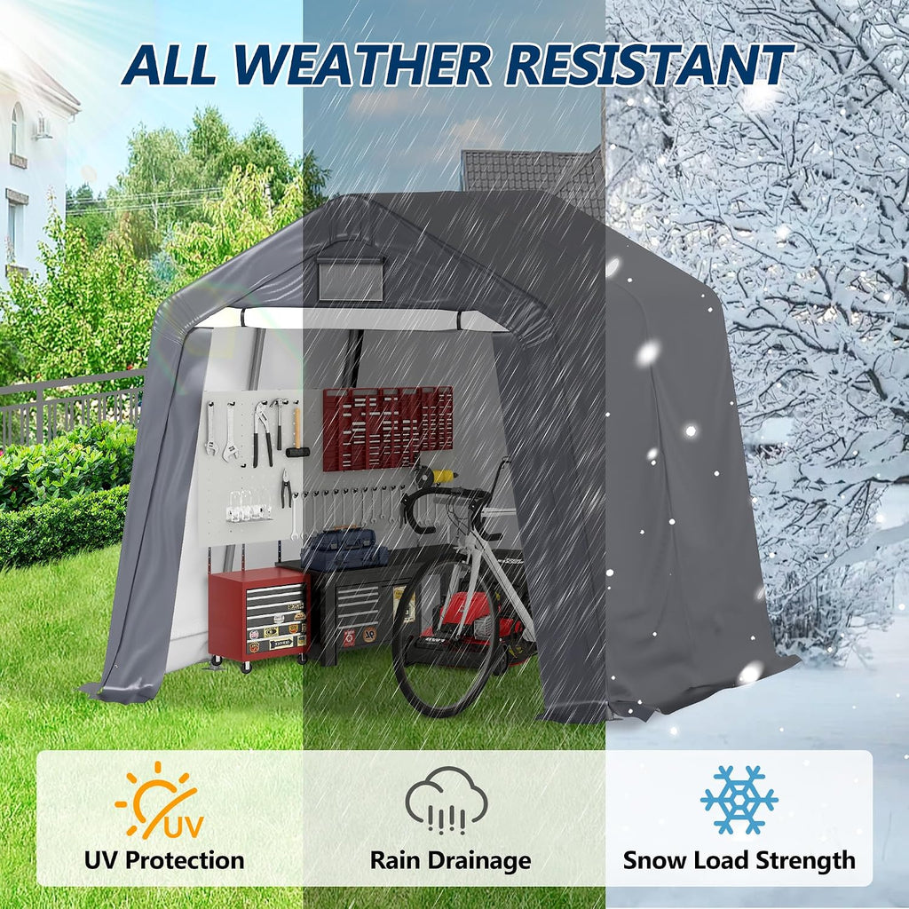 COVERONICS 8' x 8' Outdoor Storage Shed - Heavy Duty Portable Shelter Carport with Ventilation Windows and Roll-up Doors, Storage Shelter Tent for Motorcycle, Bike, Lawnmower and Garden Tools, Grey