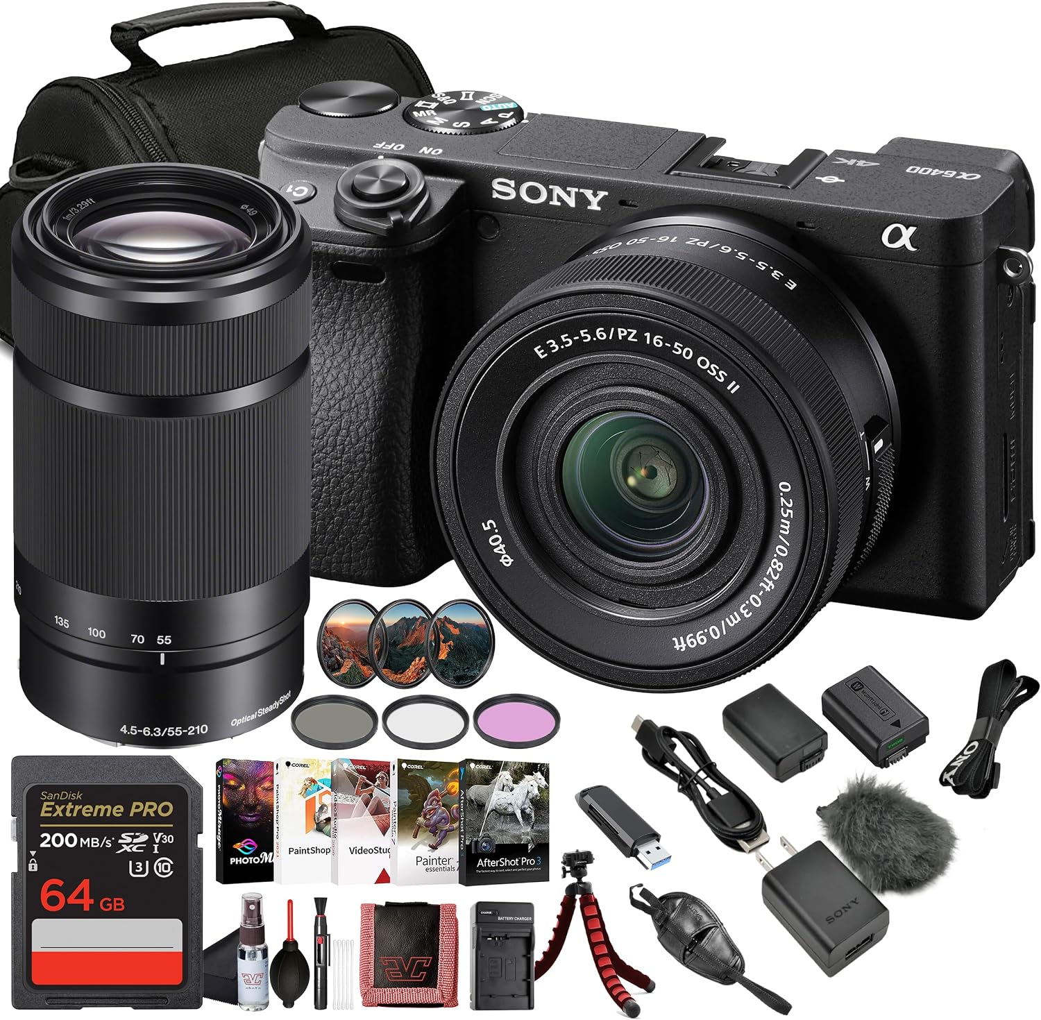 Sony Alpha a6400 Mirrorless Digital Camera with 16–50mm Power Zoom Lens (ILCE-6400L/B) – 24.2 MP APS-C, 4K Video, Real-Time Eye AF w/Sony E 55-210mm f/4.5-6.3 OSS Lens + 64GB Card and More