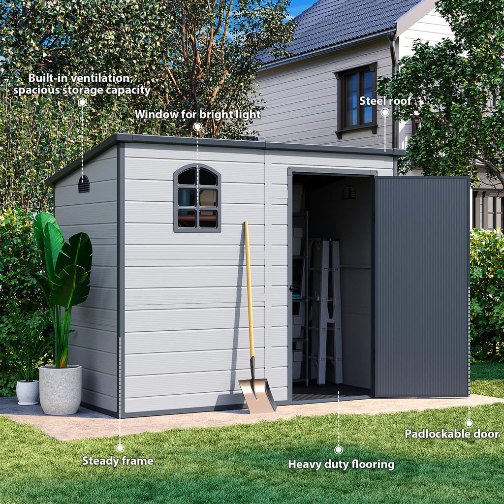 Storage shed 8.1x4.7 ft, Lean to Resin Shed, Storage Sheds Outdoor with Floor, Outdoor Sheds Garden Tools Bike Shed, Garden Sheds & Outdoor Storage Sloping Roof, Lockable Door, Window for Lawn, Patio
