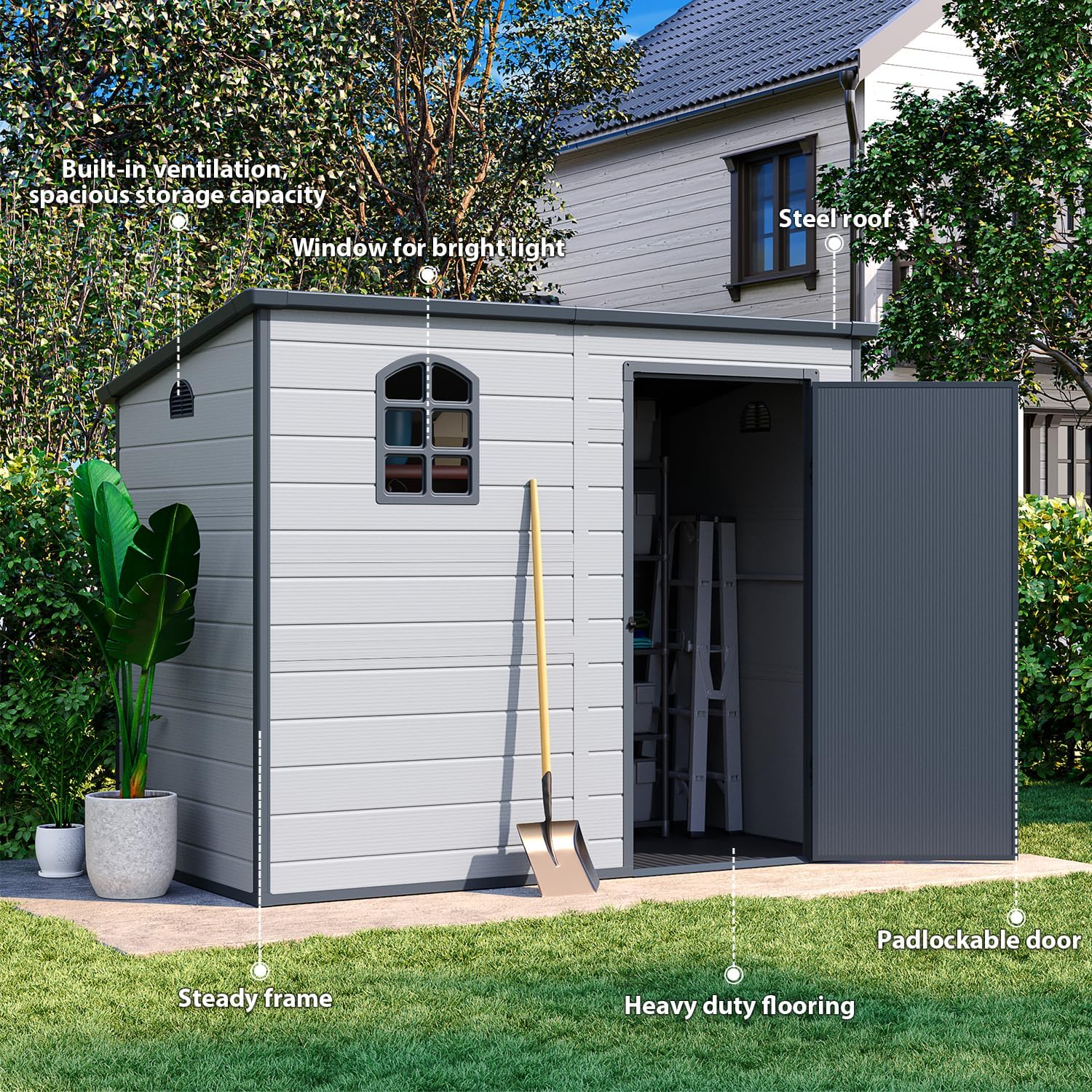 Storage shed 8.1x4.7 ft, Lean to Resin Shed, Storage Sheds Outdoor with Floor, Outdoor Sheds Garden Tools Bike Shed, Garden Sheds & Outdoor Storage Sloping Roof, Lockable Door, Window for Lawn, Patio