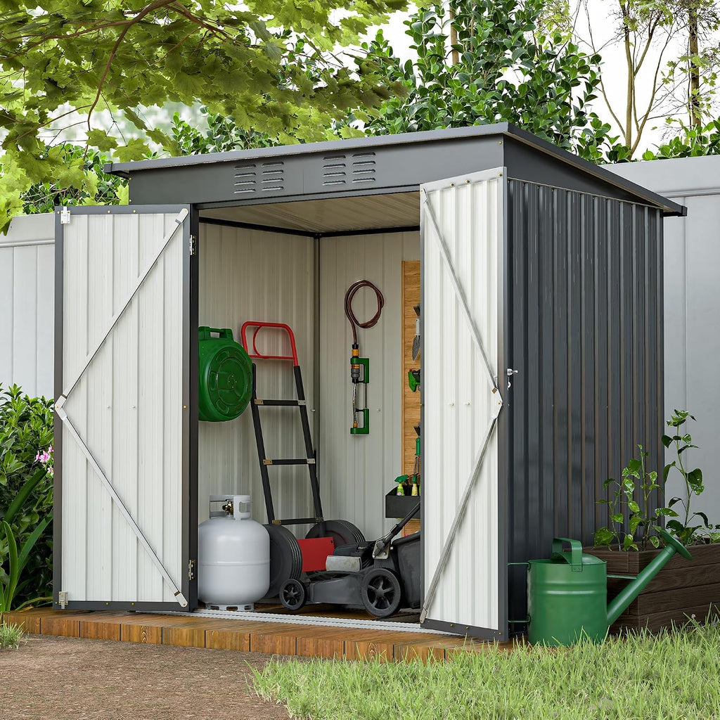 6x4 FT Outdoor Storage Shed, Metal Garden Shed with Frame Floor, Outside Tool Shed with Lockable Hinged Doors, Waterproof Storage Building with Sloped Roof for Backyard, Patio, Lawn, Black