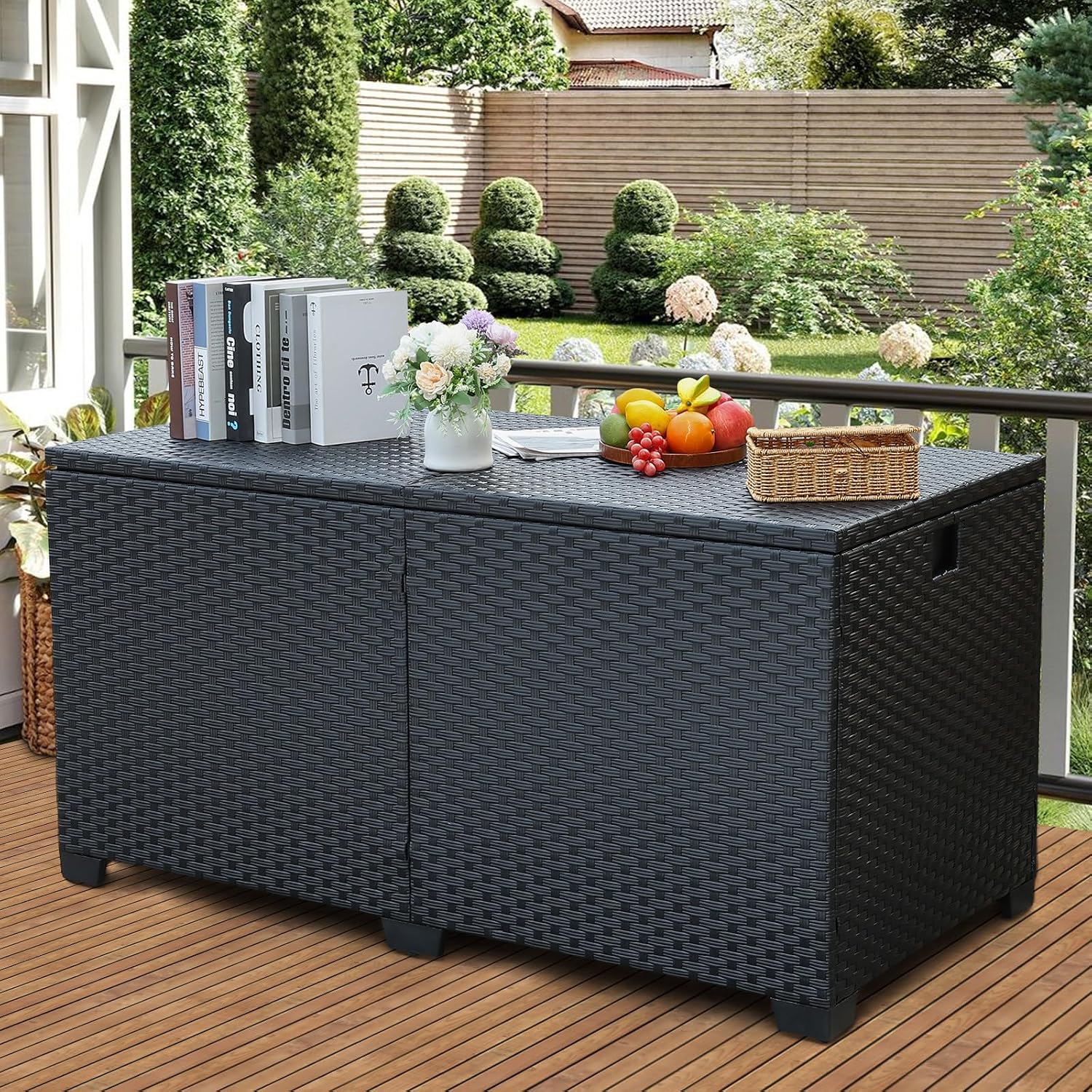 Rattan Star 180 Gallon Outdoor Storage Box Deck Storage Box Cushion Storage Bin Outdoor Large Patio Storage Bin with Waterproof Lining Bag, Black Wicker