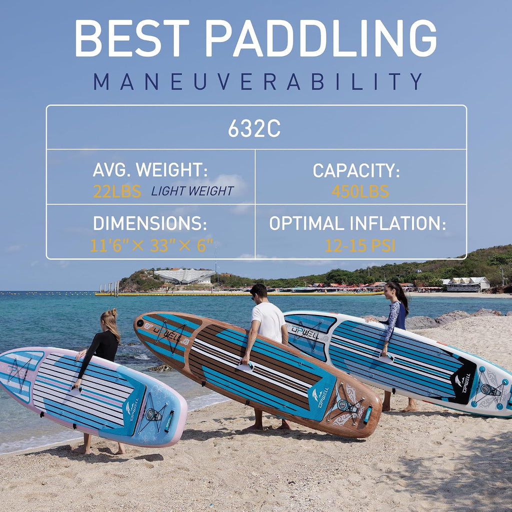 UPWELL 11'6'/11'2'/11'/10'8'/10'6'/10'2' Inflatable Stand Up Paddle Board with sup Accessories Including Backpack, Repairing Kits, Non-Slip Deck, Leash, 3 Fins, Paddle and Hand Pump