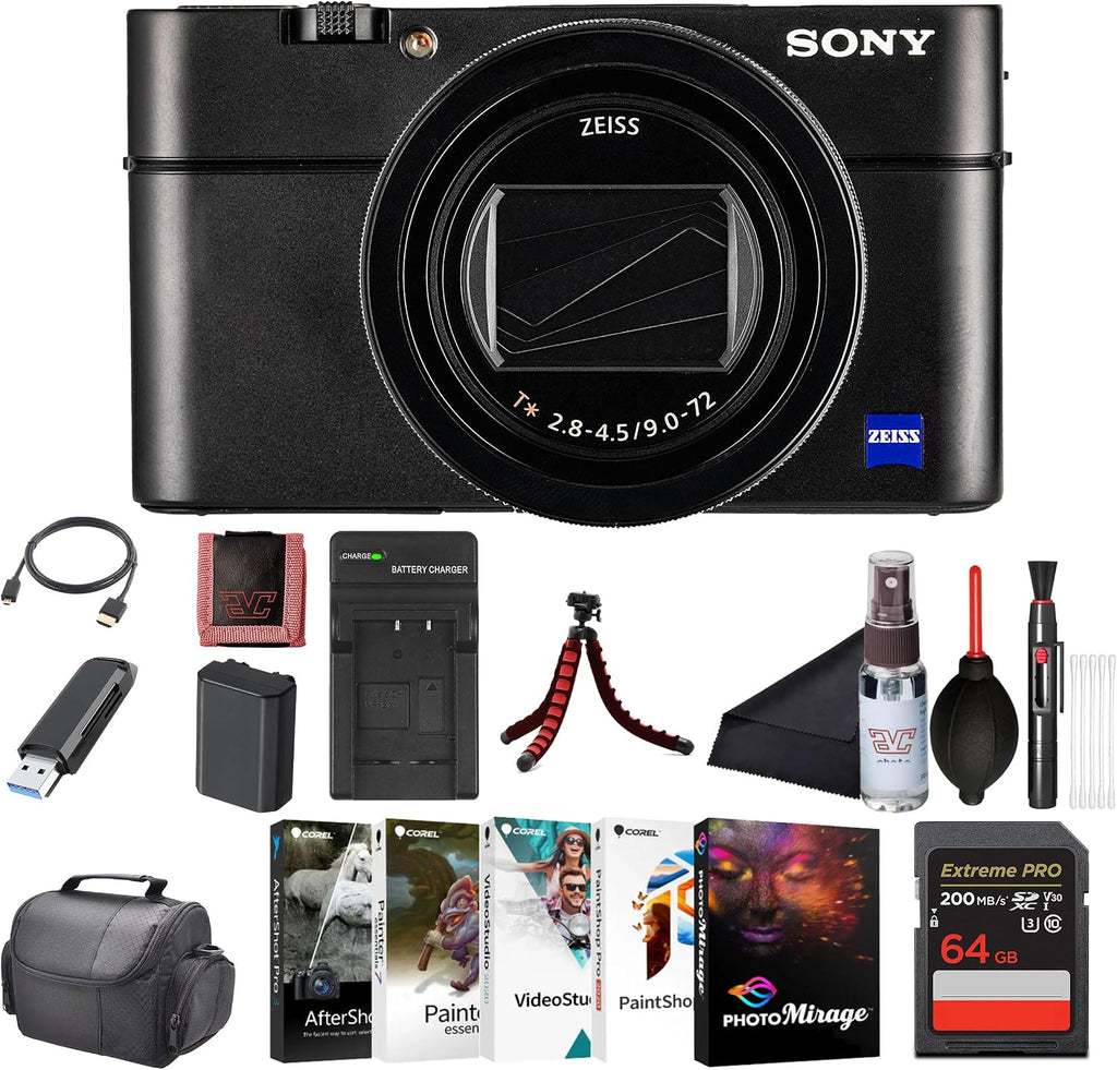 Sony Cyber-Shot RX100 VII Digital Camera (DSC-RX100M7) – 20.1MP 1-Inch Stacked CMOS Sensor | ZEISS 24–200 mm Zoom Lens | 64GB Card, Case, NP-BX1 Battery, Card Reader, HDMI Cable and More