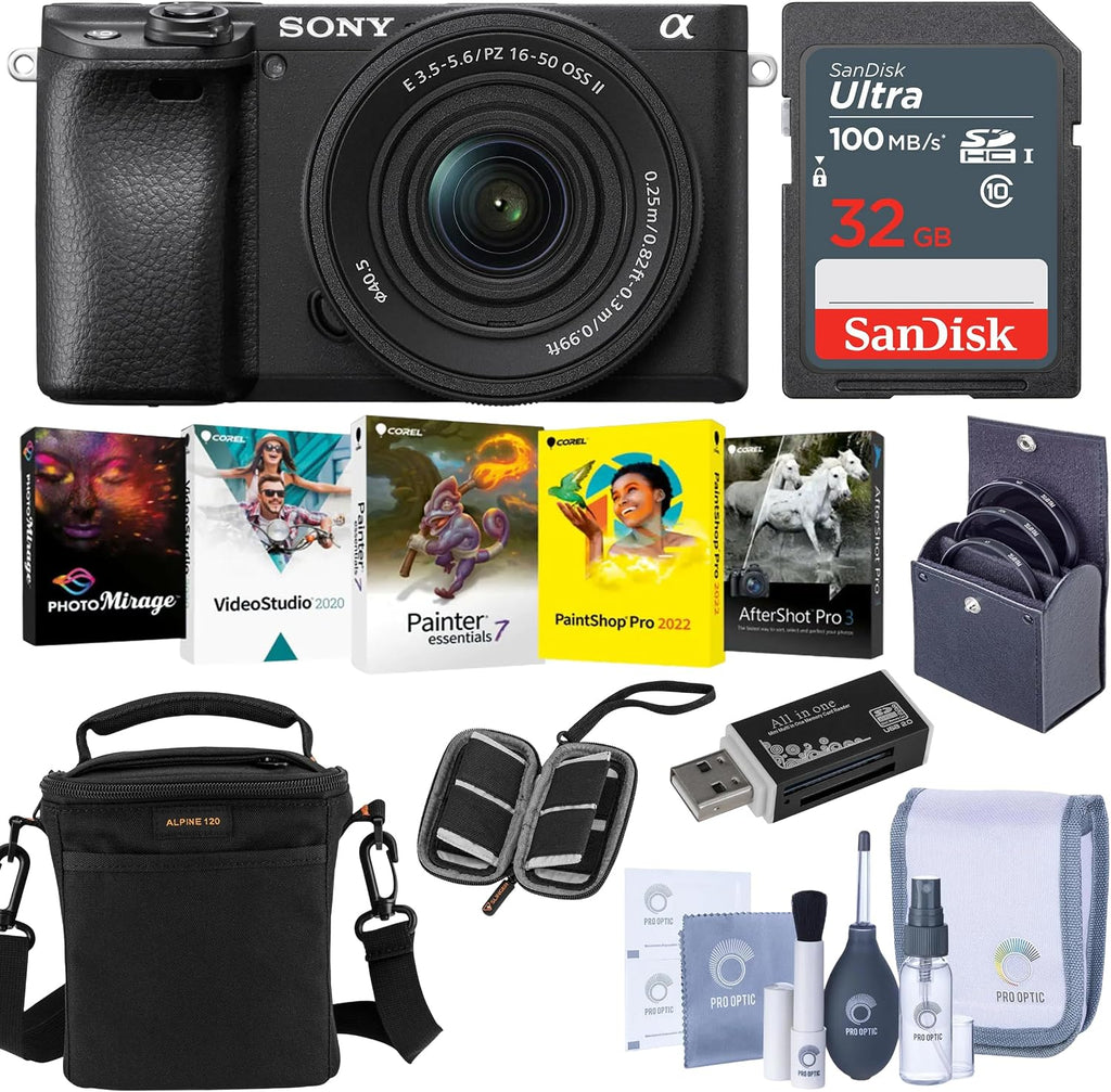 Sony Alpha a6400 Mirrorless Digital Camera with 16-50mm f/3.5-5.6 II Lens, Black Bundle with Shoulder Bag, 32GB SD Card, Cleaning Kit, Card Reader, Card Case, Software Kit, Filter Kit