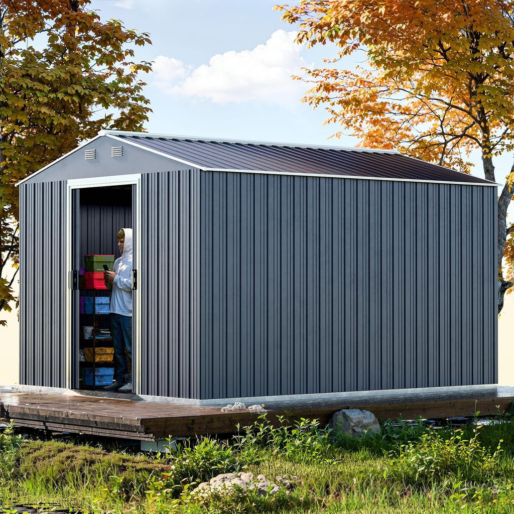 Metal Shed 8x10 FT, Military-Grade Reinforced Frame with Powder Coating, Steel Sheds with Sliding Door and Air Vents for Garden, Backyard, and Patio