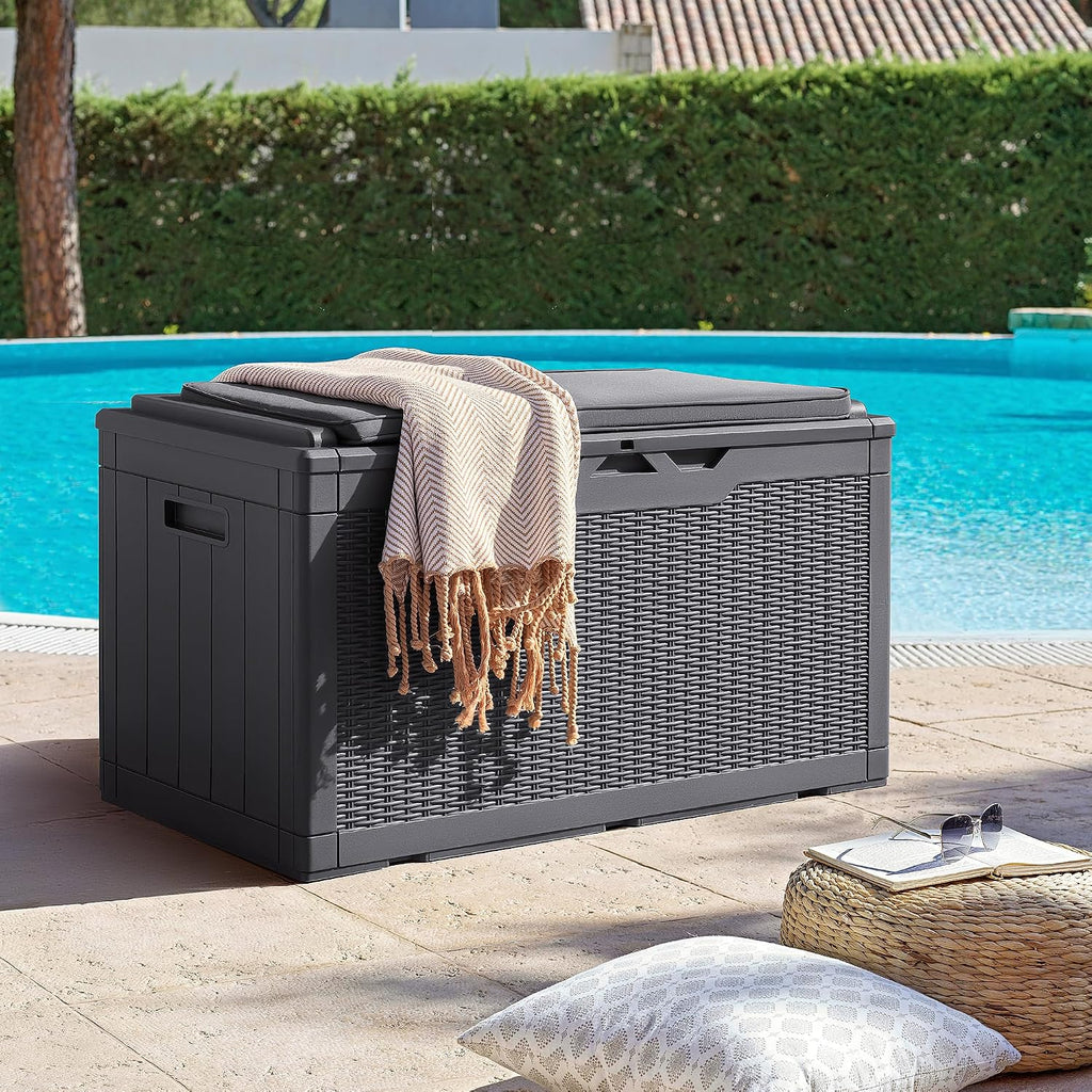Flamaker Deck Box with Cushion 98 Gallon Waterproof Resin Storage Box with Air Rod Indoor Outdoor Lockable Storage Bench for Patio Furniture, Tools, Pool Accessories (Gray)