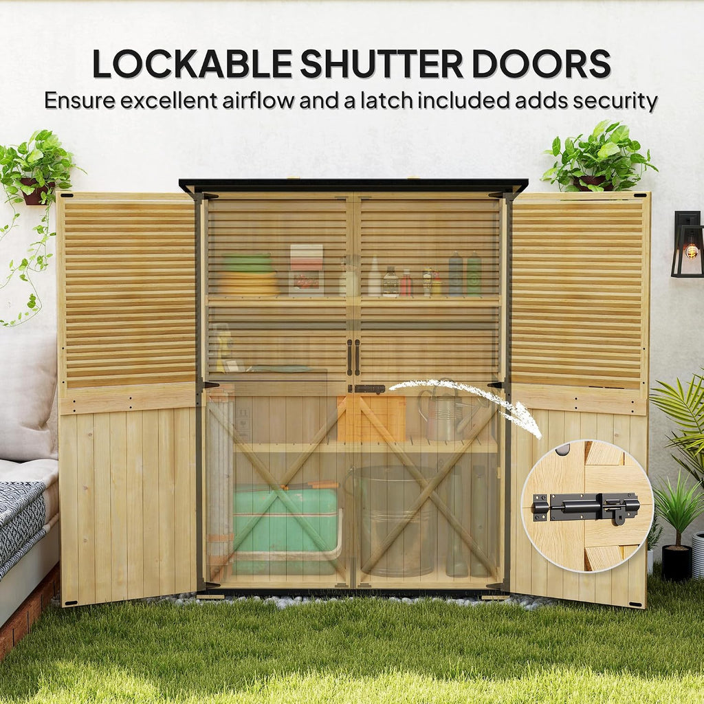 Outsunny Outdoor Storage Cabinet, Wood Garden Tool Shed with Lock, Steel Frame and Asphalt Roof, Garden Storage Shed with Adjustable Shelves and Feet for Patio Backyard Lawn, Natural